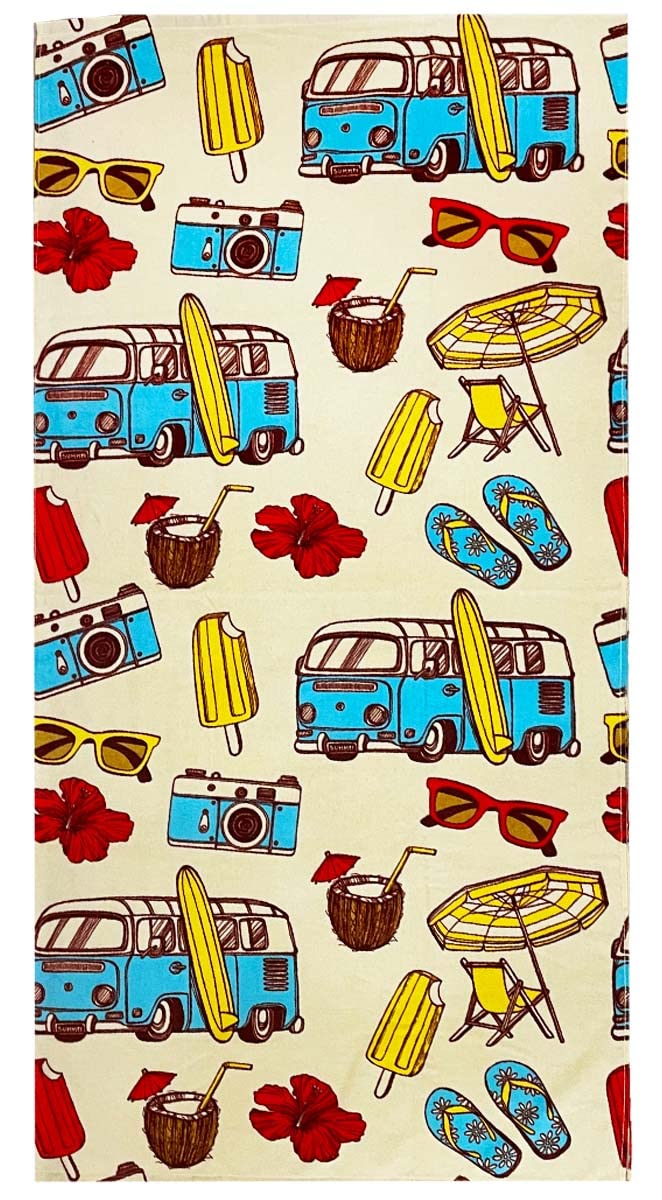 Yifontin Beach Towel For Kids, Velour Terry Blanket Throw 100% Cotton 25.5X51 Inches For Swim Bath Camping, Bus Coastal Tour.