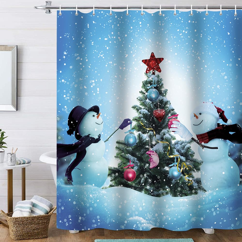 Onalasyc 4-Piece Christmas Shower Curtain Set,Winter Xmas Tree Interesting Snowman Christmas Shower Curtain Set with Rugs,Waterp