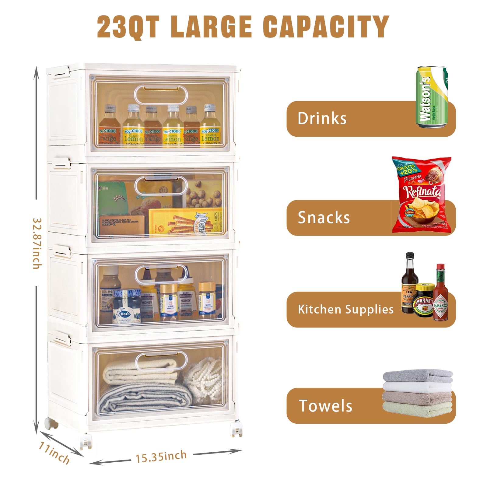 4 Tier Stackable Storage Bins, 23Qt Storage Containers, Clear Plastic Storage Bins With Magnetic Doors, Large Collapsible Storag