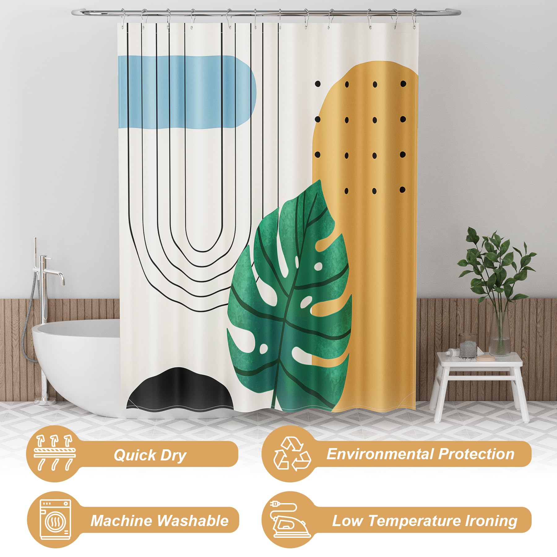 Amazerbath Boho Shower Curtain, Beige And Brown Abstract Cloth Shower Curtain With 12 Metal Hooks, Luxury Washable Farmhouse Pol