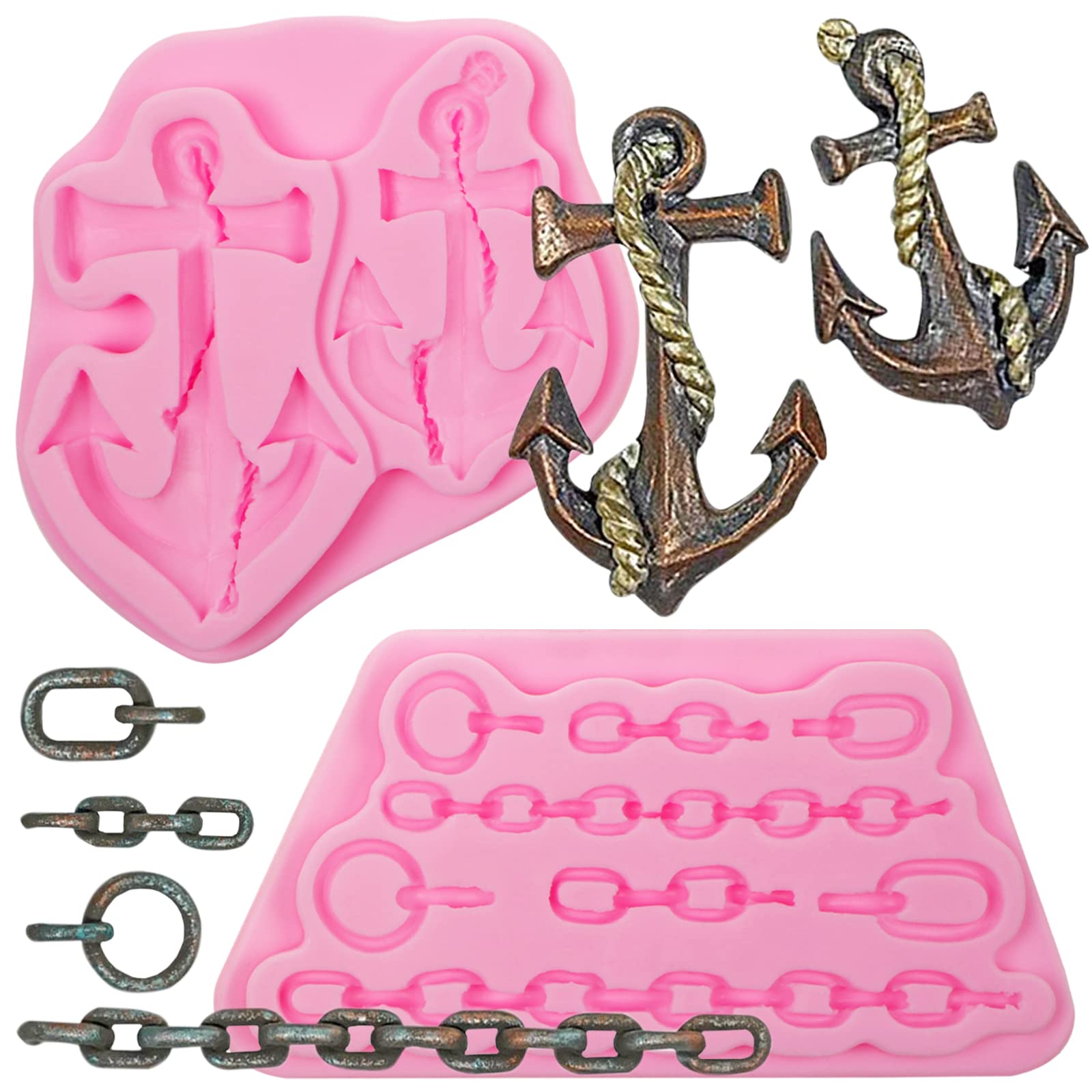 Rope Fondant Mold 3 Pcs, Rudder Anchor Ship Chain Pirate Chocolate Silicone Molds For Cake Decoration Candy Cupcake Topper Polym