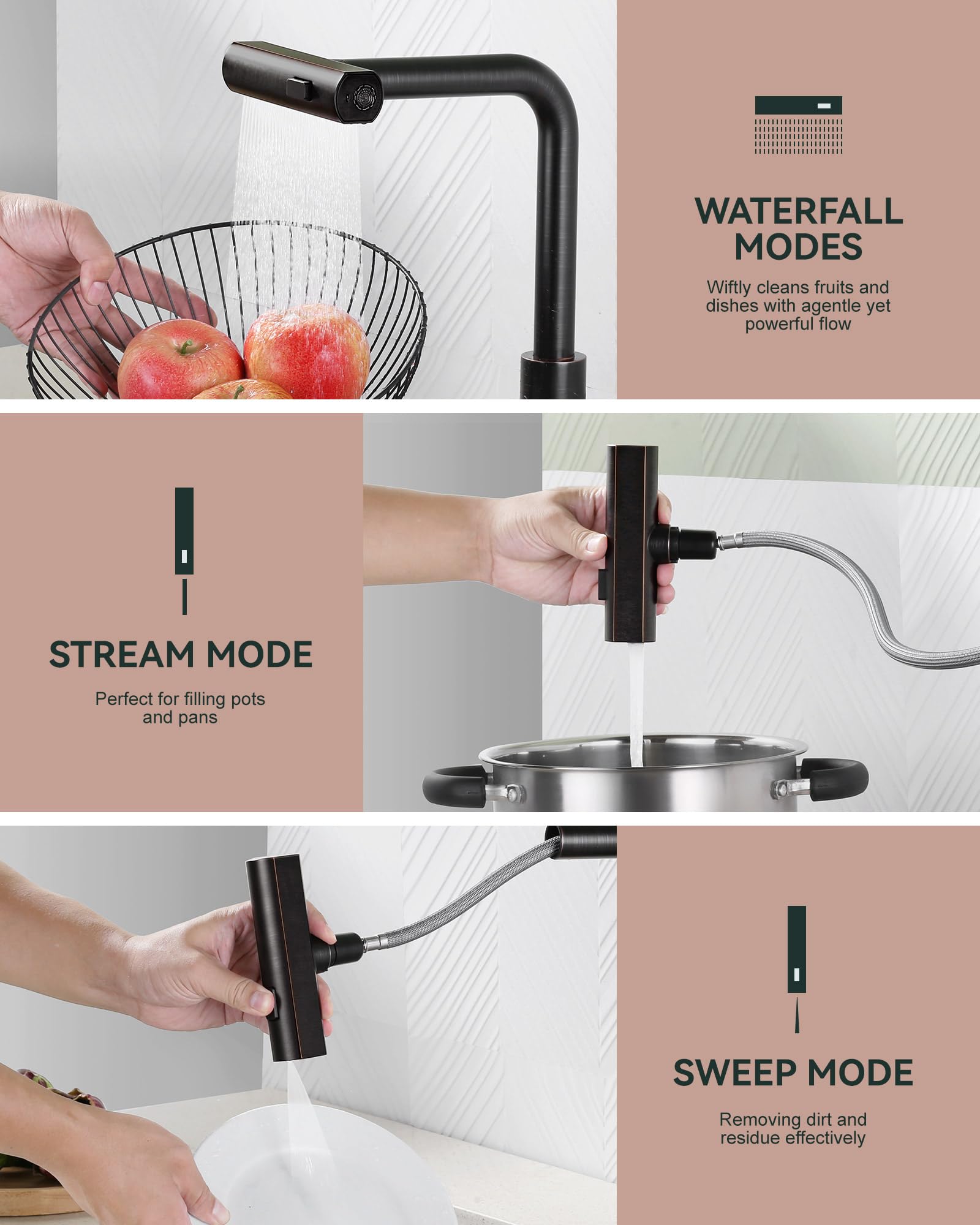 Waterfall Kitchen Sink Faucet With Sprayer: 3 Modes(Waterfall/Stream/Sweep) Pull Down Sprayer - Iviga Oil Rubbed Bronze Splash P