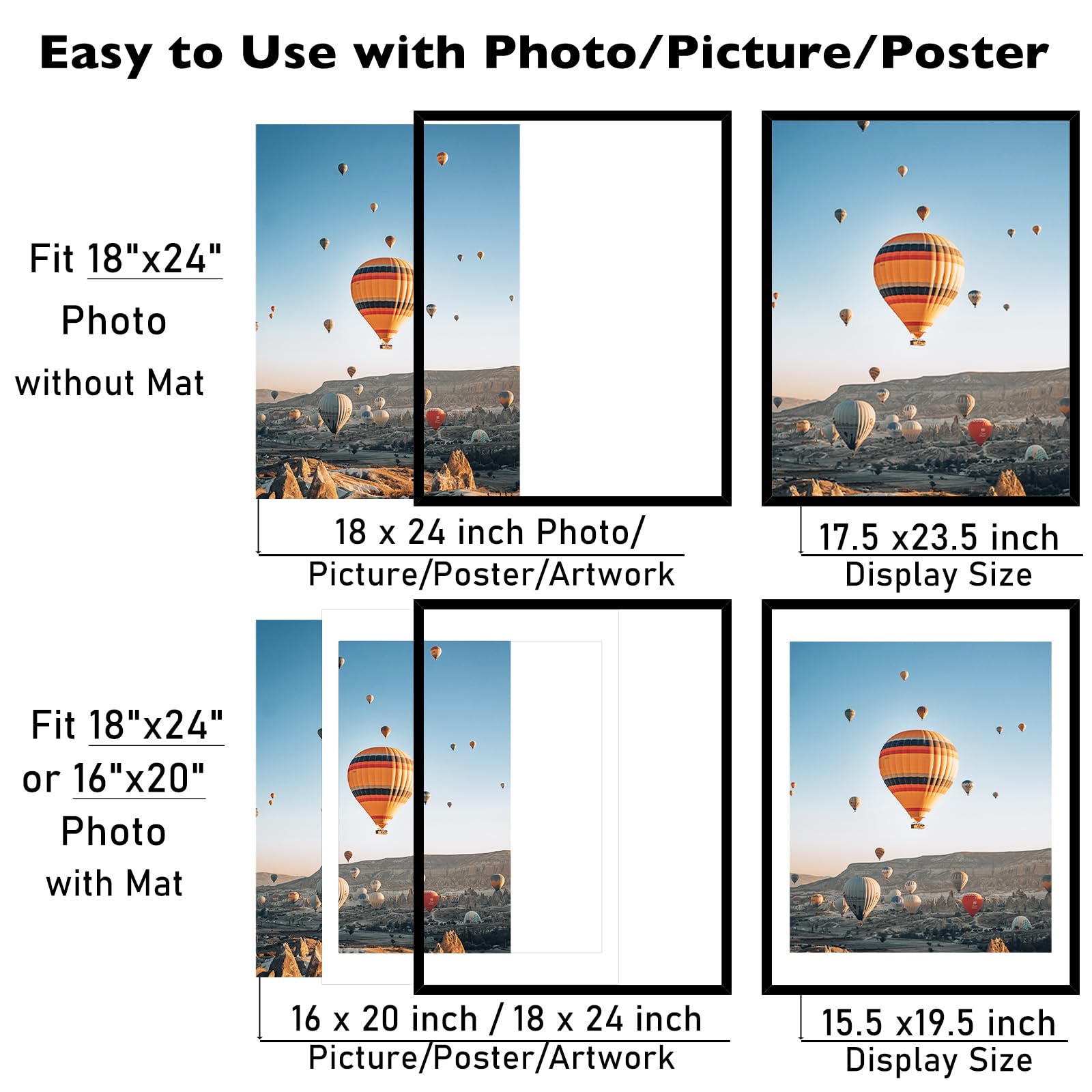 JCJMY 18x24 Picture Frame with 16x20 Mat, Display Photo 16x20 with Mat or 18 x 24 Without Mat, Wall Hanging Large 18 by 24 Poste