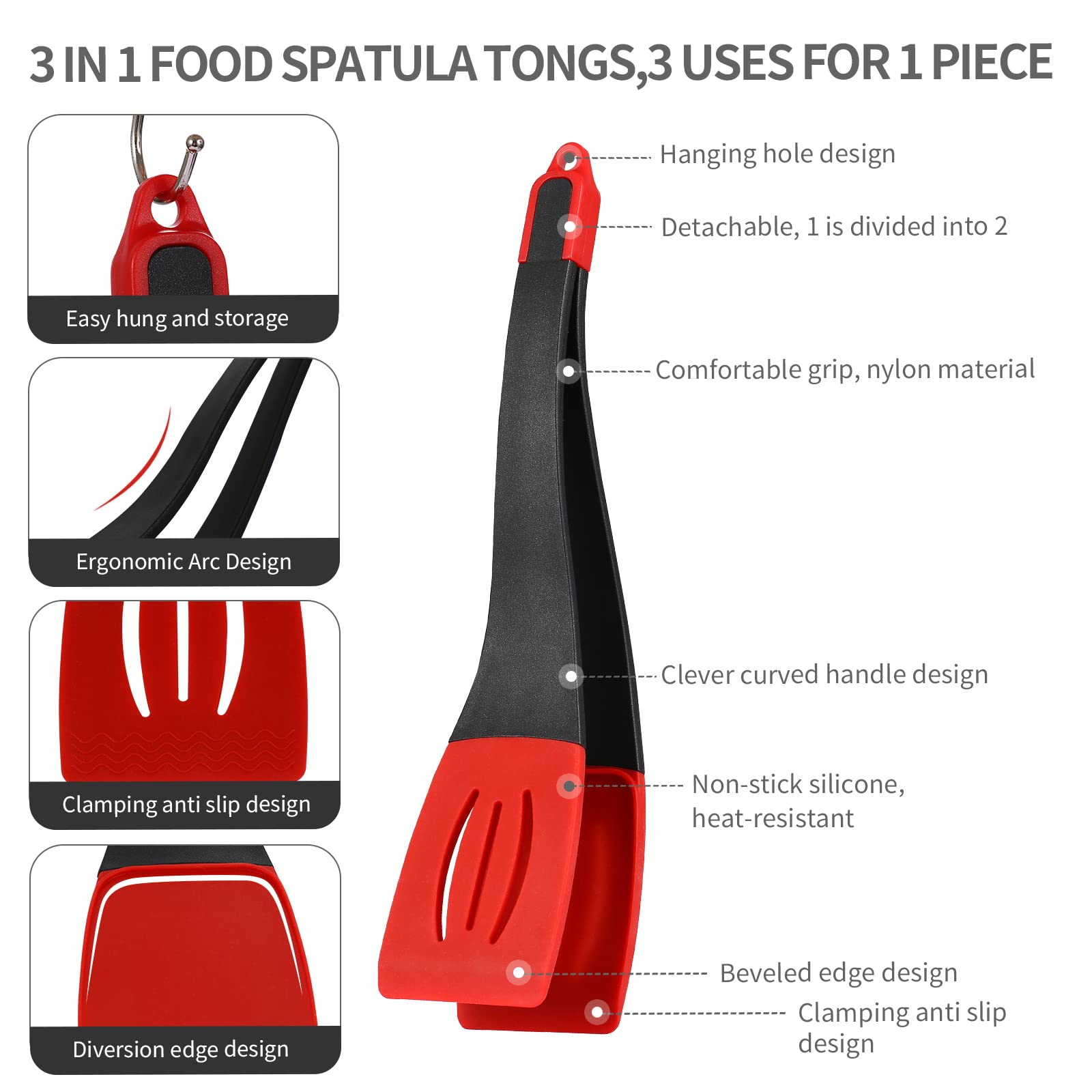 Collfa 3 In 1 Kitchen Silicone Spatula Tongs For Cooking Serving Heat Resistant Detachable Flexible Flipping Clip Multipurpose B