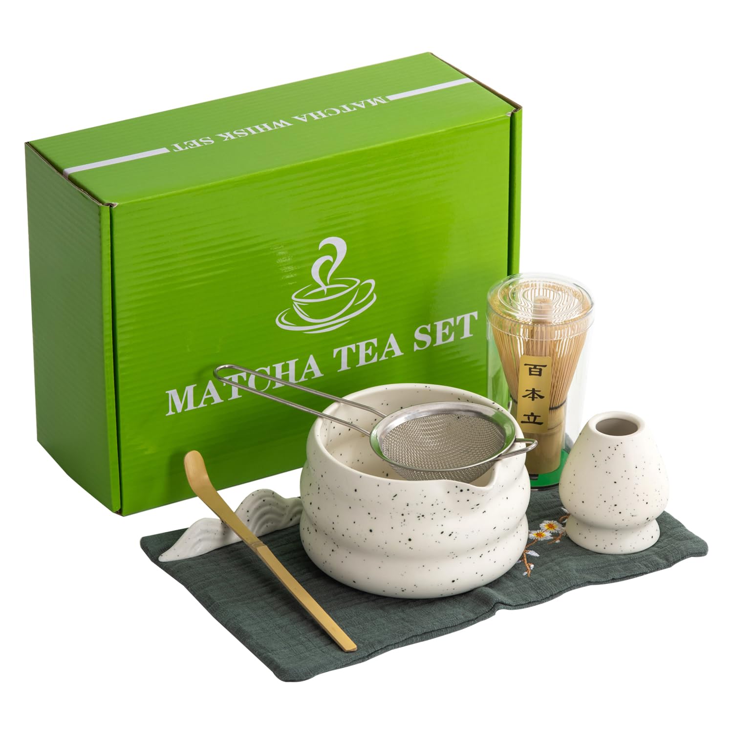 7Pcs Japanese Matcha Tea Set, Matcha Kit With Matcha Bowl (With Pouring Spout), Matcha Whisk, Whisk Holder, Strainer - Elegant M
