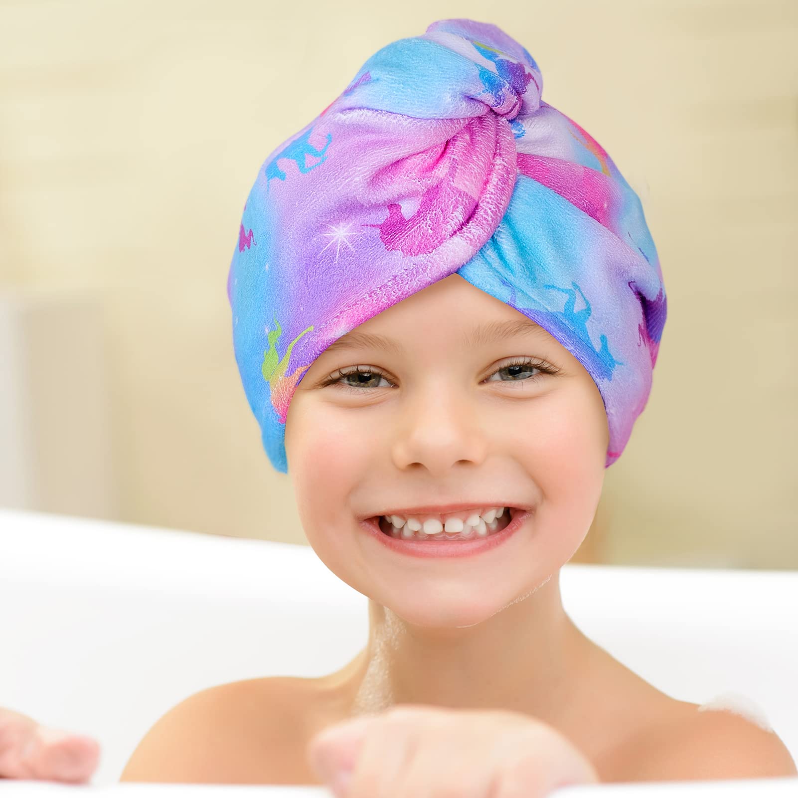 Basumee Microfiber Hair Towel Wrap for Kids 2 Pack Rapid Drying Hair Towel with Button Hair Turbans for Wet Hair Wraps Head Towe