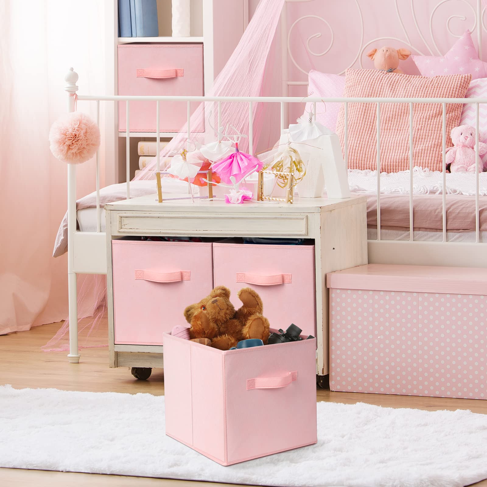 Criusia 11 Inch Cube Storage Bins - Set of 8, Pink Fabric Collapsible Baskets with Dual Handles for Closet and Shelf Organization