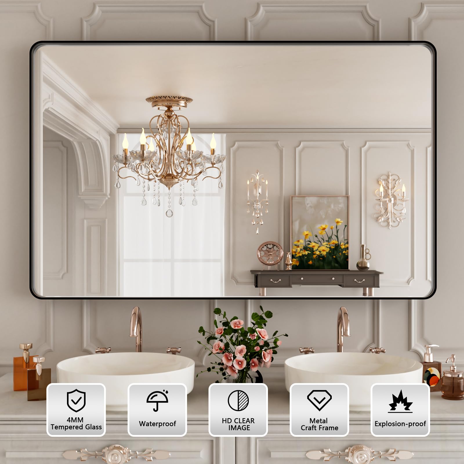 Istripmf 48X30 Inch Black Bthroom Mirror,Black Metal Frame Vanity Mirror,Rounded Rectangular Matte Black Wall Mirrors,Tempered G
