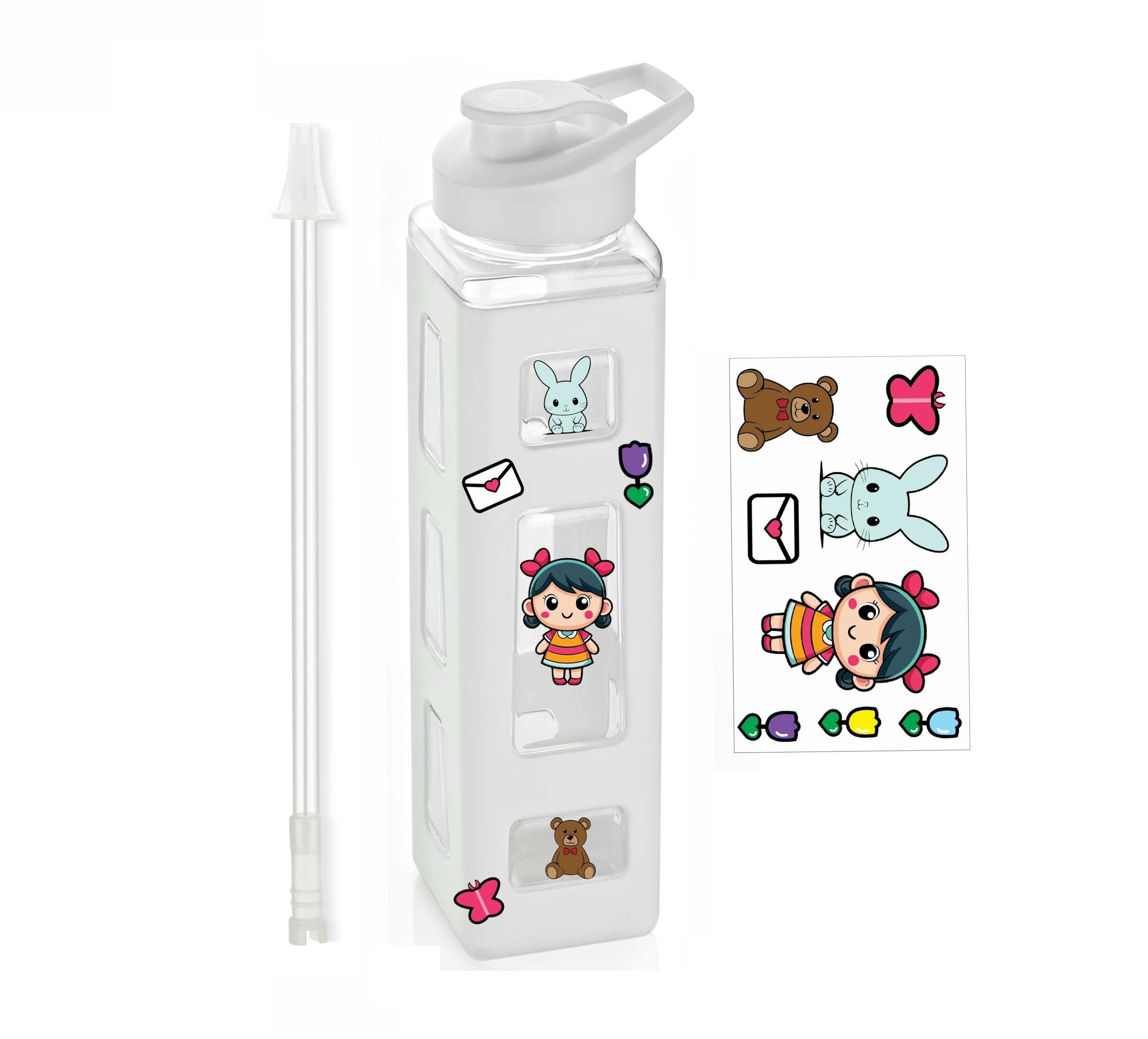 Qromos 1000Ml Lattic Kawaii Bear Water Bottle For Kids | Black Sipper With Straw & Cute 2D Stickers | Ideal For School & Travel 