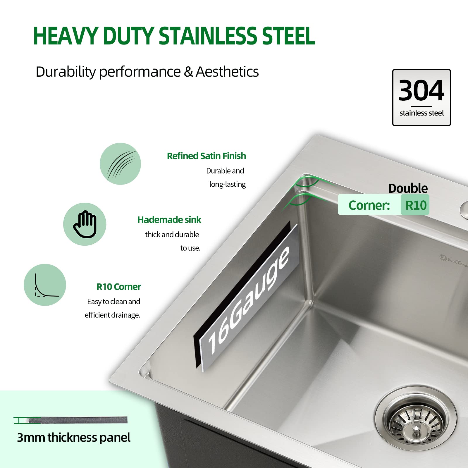 Ecochannels Kitchen Sink, 21 X 20 X 10 Drop In Kitchen Sink 16 Gauge Stainless Steel Kitchen Sinks Single Bowl Workstation Sink