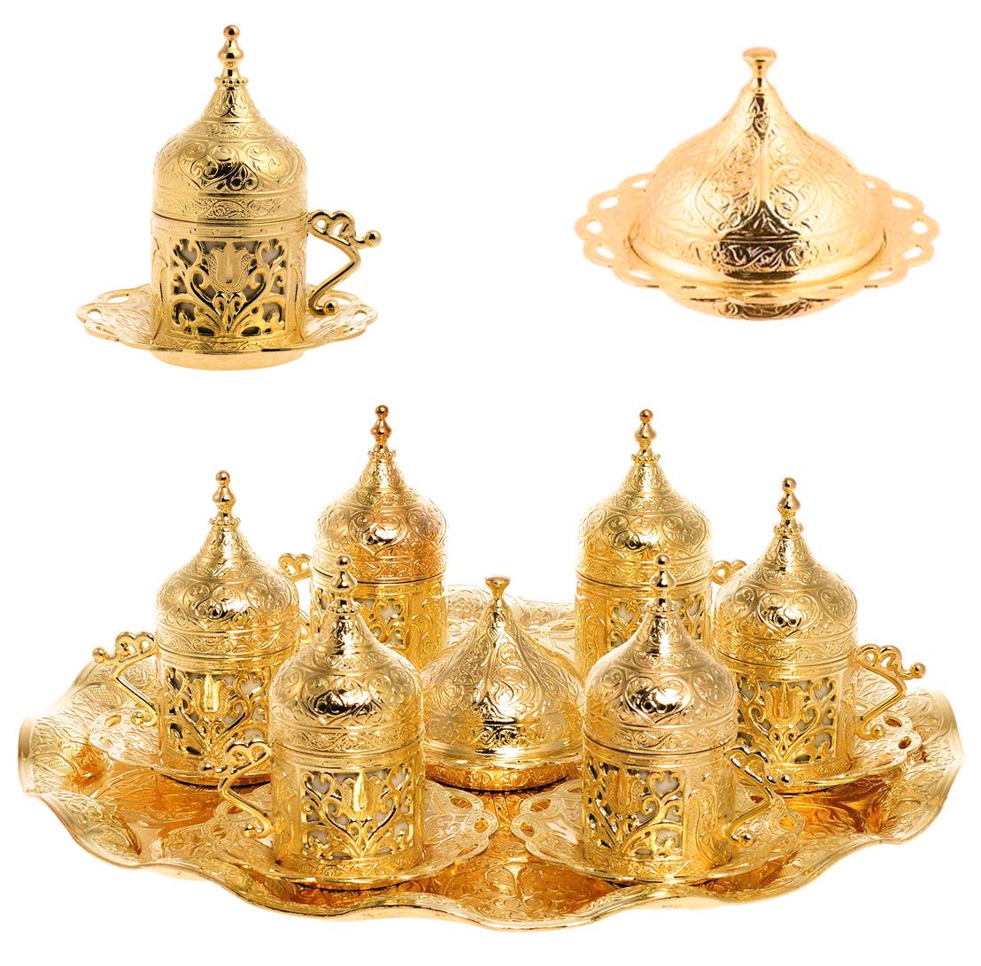 Alisveristime 6-Piece Set Turkish Espresso Coffee Cups With Saucer, Lid, Traditional Ottoman Tulip Motif (Multiple Color Variati