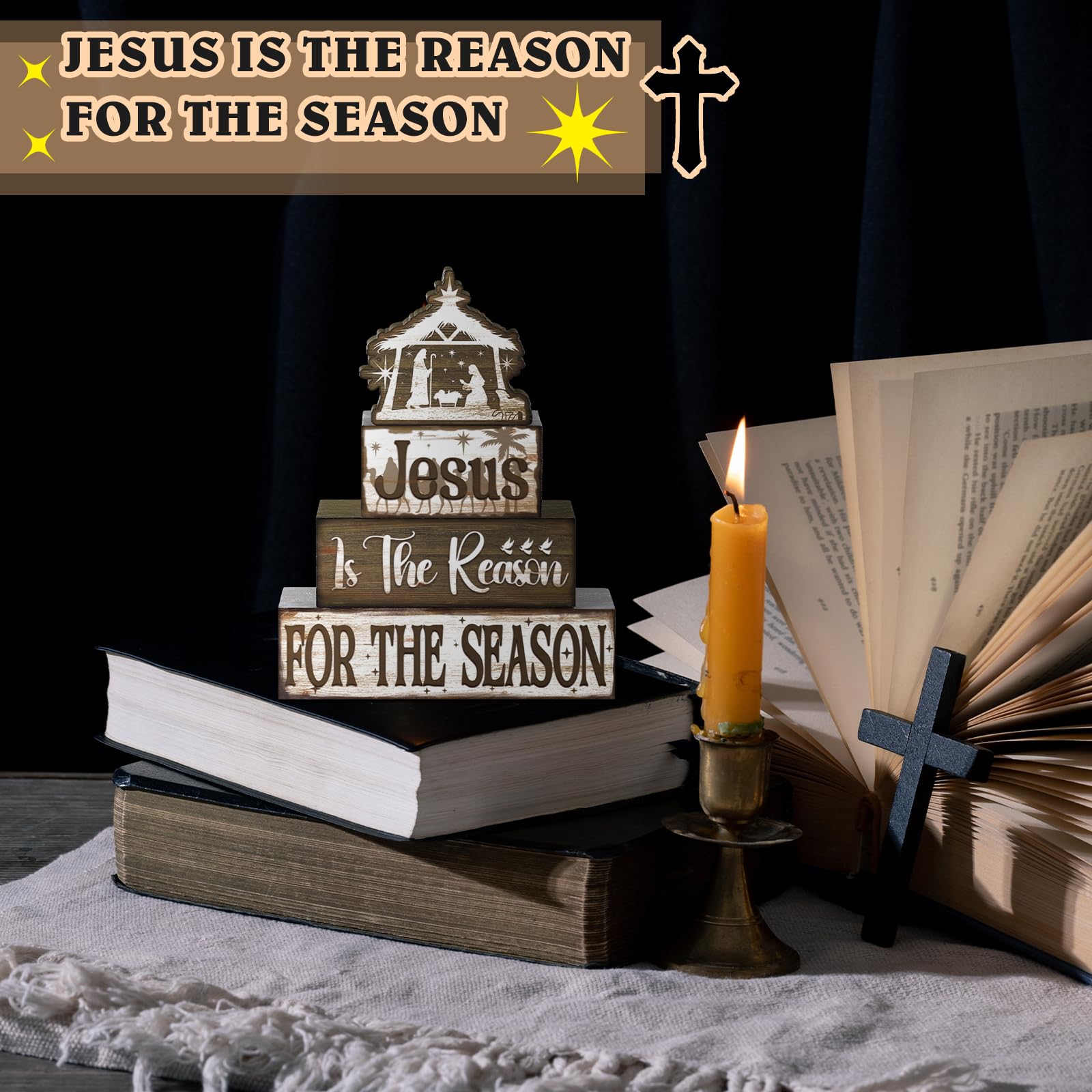 Moucuny 4 Pcs Christian Religious Table Decor Jesus Is The Reason for The Season Wooden Decorative Signage Christmas Tiered Tray