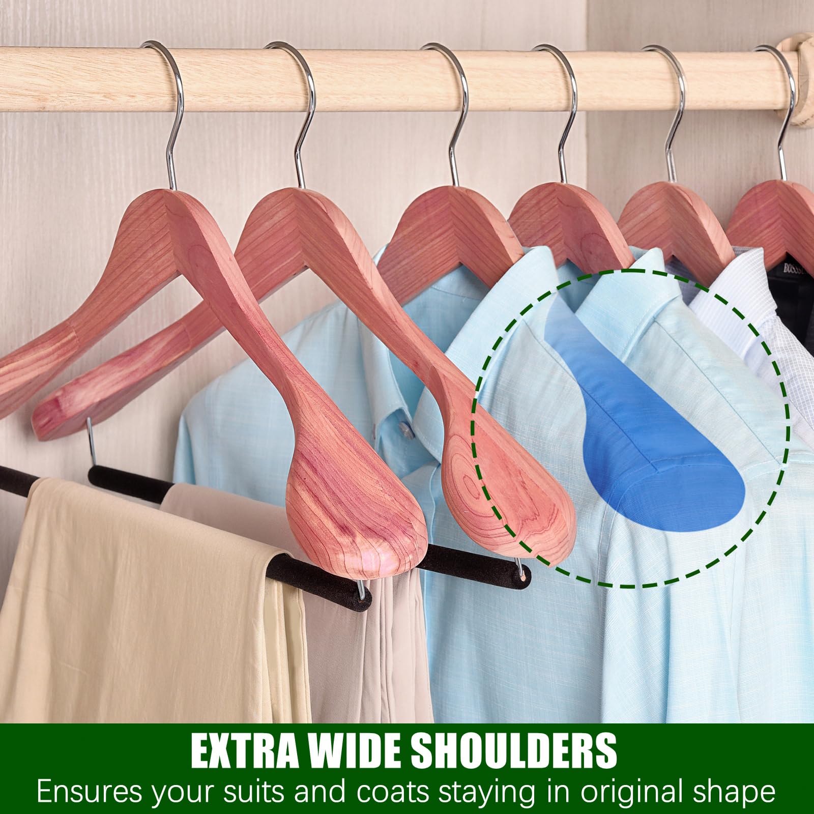 Amber Home 5 Pack American Red Cedar Wood Coat  Suit Hangers with Extra Wide Shoulder  Wooden Jacket Clothes Hanger Smooth Deluxe Aromatic Natural Cedar with Non Slip Velvet Pant Bar
