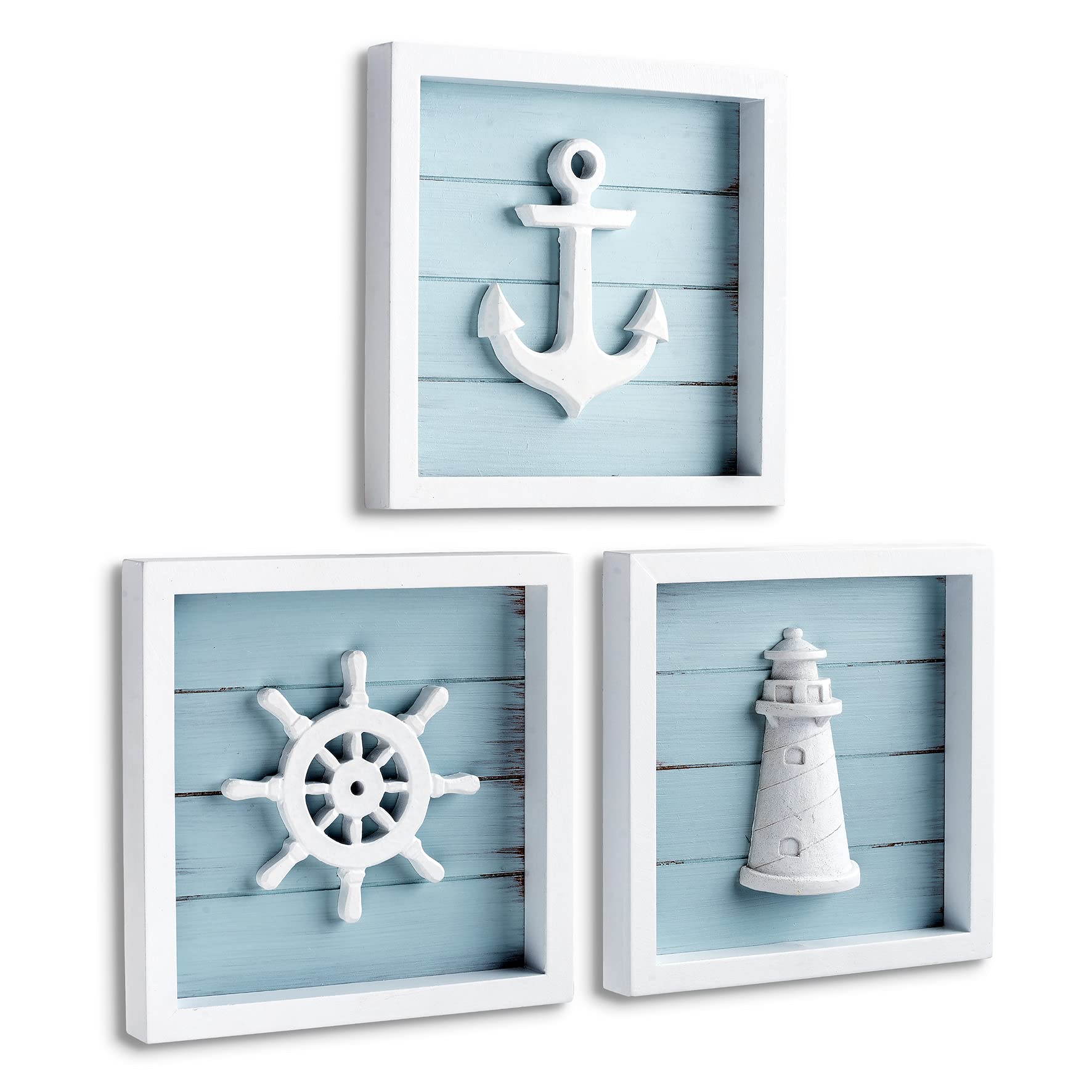 TideAndTales Nautical Wall Decor (7x7) with 3D Anchor, Lighthouse and Ship Wheel - Rustic Beach Bathroom Ocean Home Decorations 