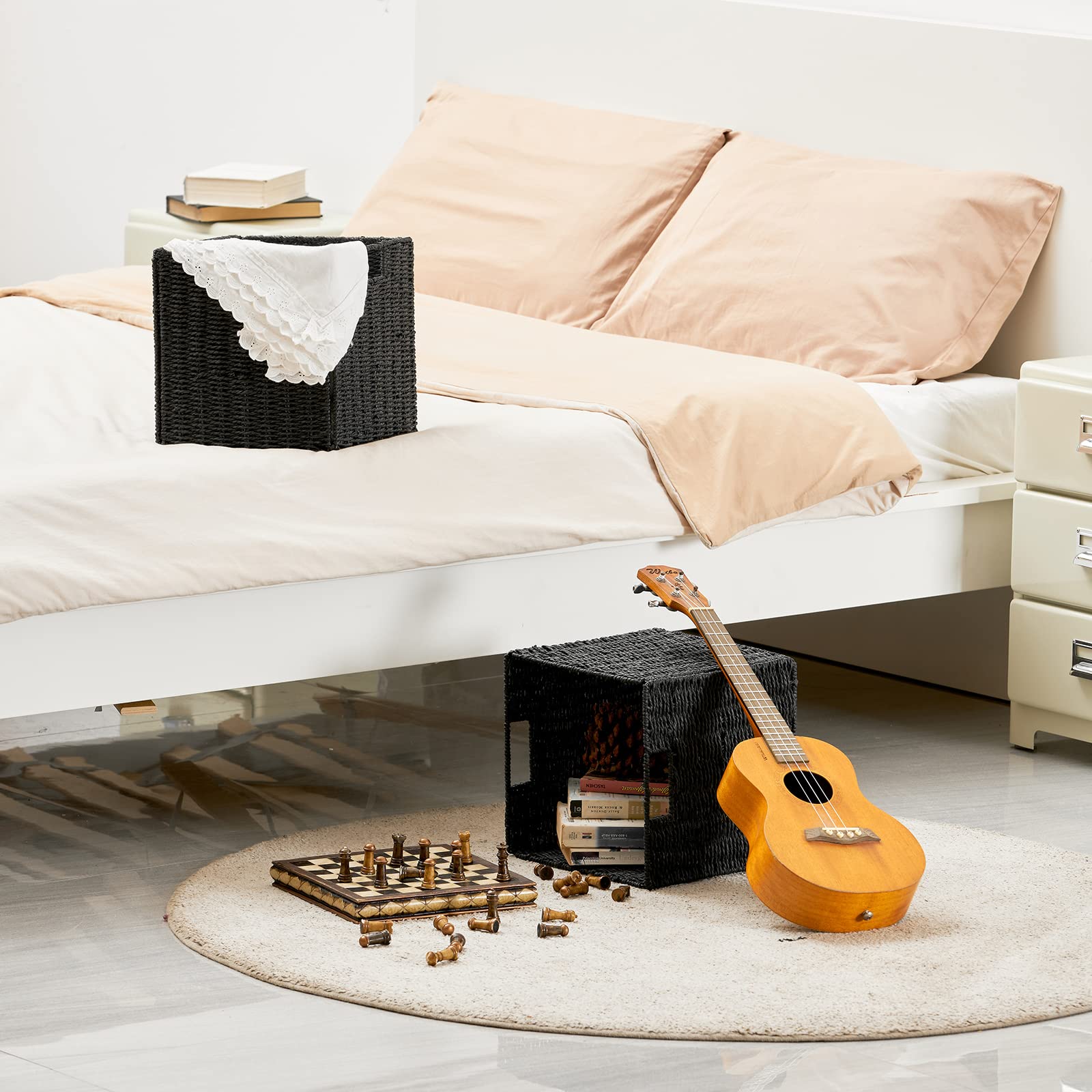 Vagusicc Storage Basket, Set Of 2 Hand-Woven Paper Rope Wicker Baskets, Foldable Storage Bins, Large Wicker Storage Square Baske