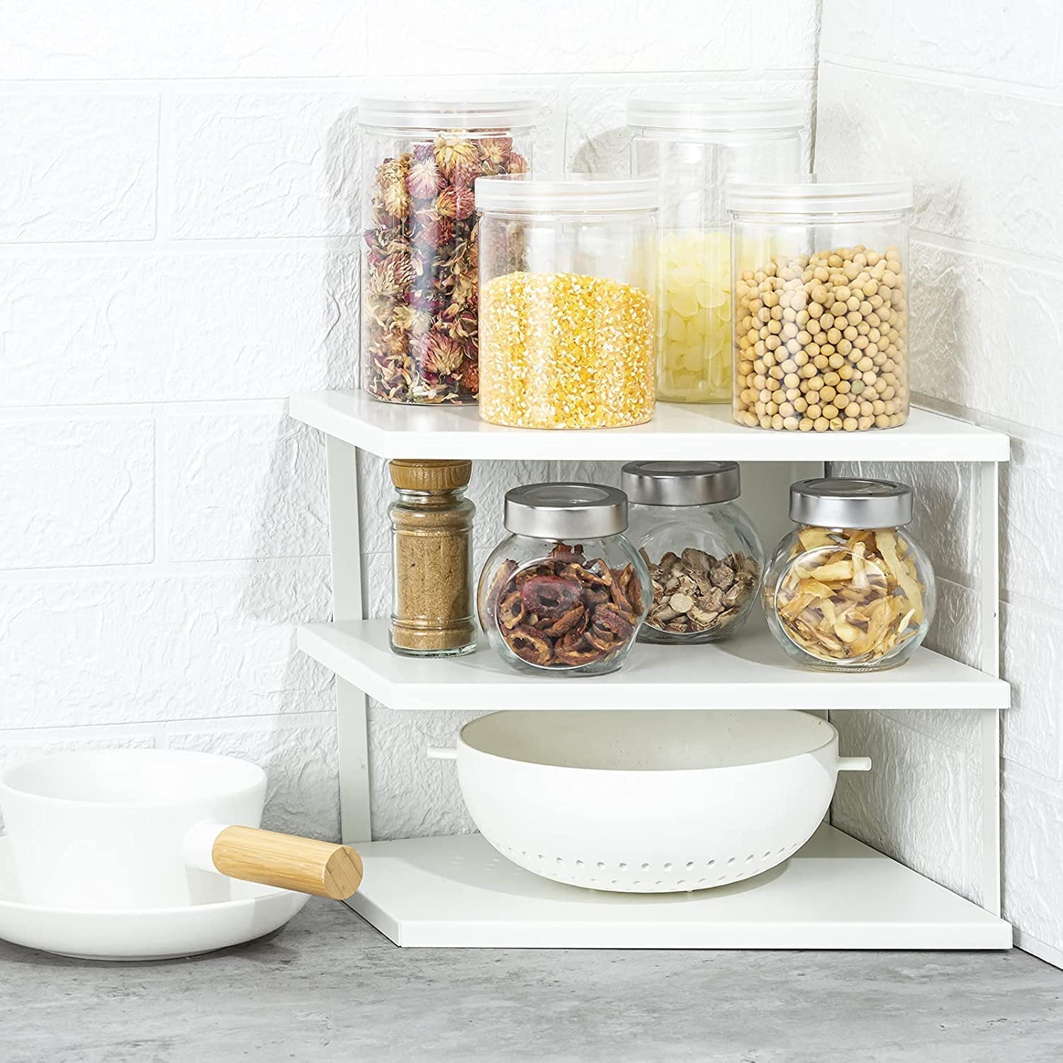 Naoe 3Tier Kitchen Corner Shelf Rack  Metal  Rust Resistant  Plates, Dishes, Cabinet And Pantry Organizer  Kitchen (White)