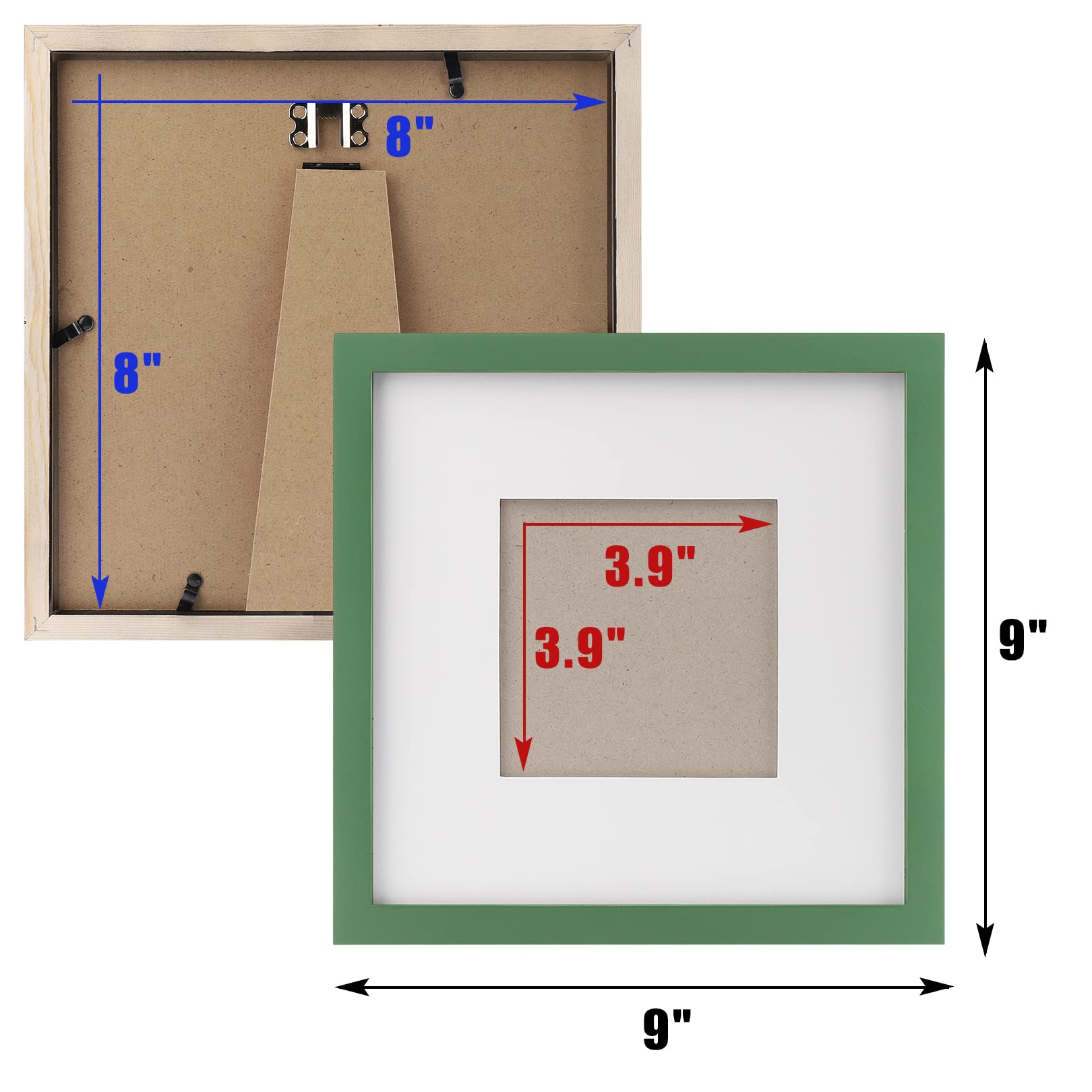 8x8 Green Picture Frames Square Nature Solid Wood 4 Pack for Wall Mounting and Tabletop Display