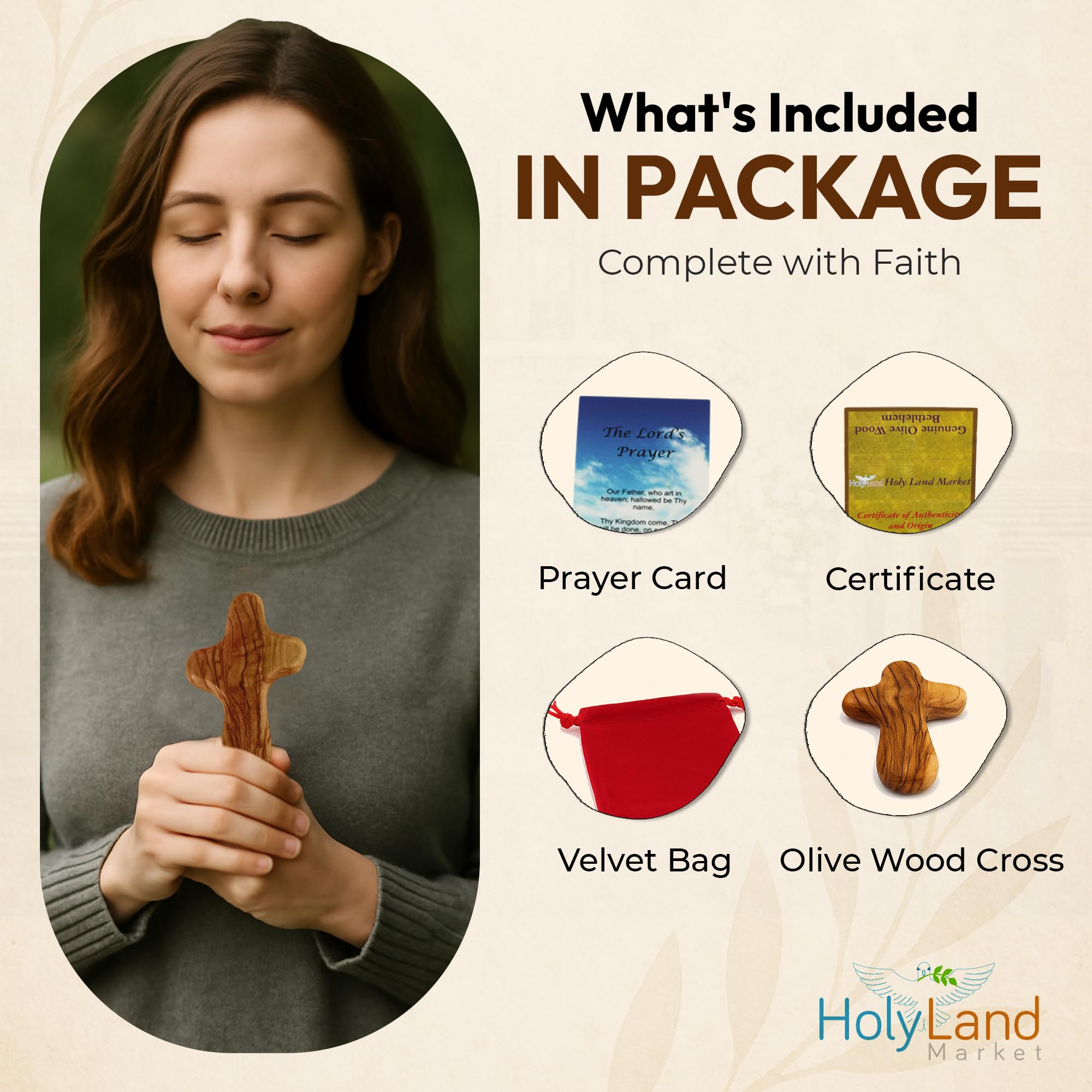 10 Olive Wood Holding Hand Crosses with Gift Bags (With Red or Black Velvet Bag ) From Bethlehem