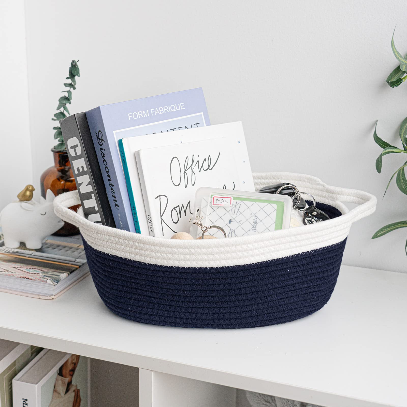 Goodpick Small Woven Basket Cute Navy Blue Rope Basket Cotton Basket Woven Storage Basket Cat Toy Basket Nursery Basket With Han