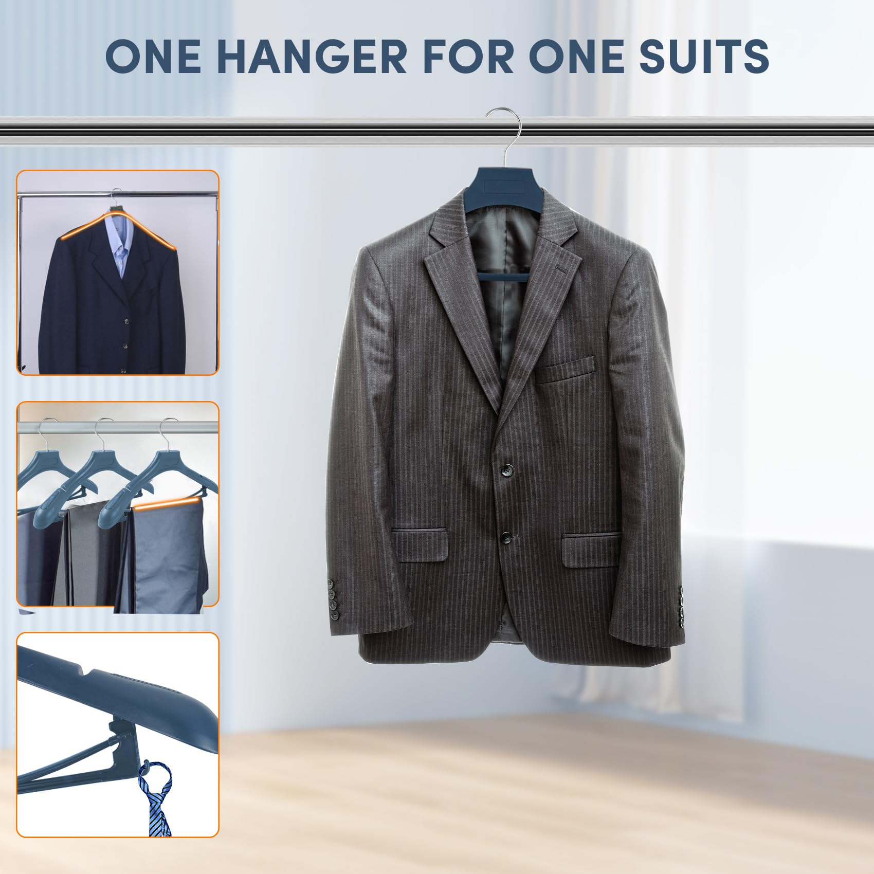 Suit Hangers For Men 50 Pack, Extra Wide Hangers Non Slip Width 17.7'', Blue Coat Hangers Thick Plastic With Pants Bar 360 Swive