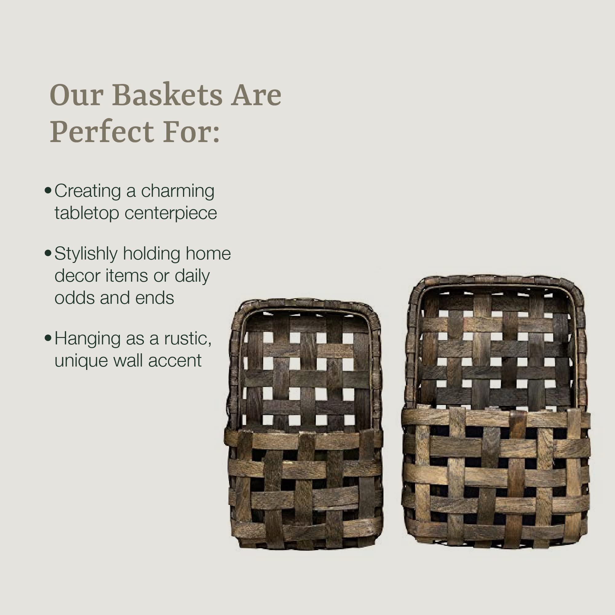 Cwi Wood Hanging Basket - Small And Large Wall Organizer And Storage Basket - Country-Style Home Decor - 2 - Aged Brown