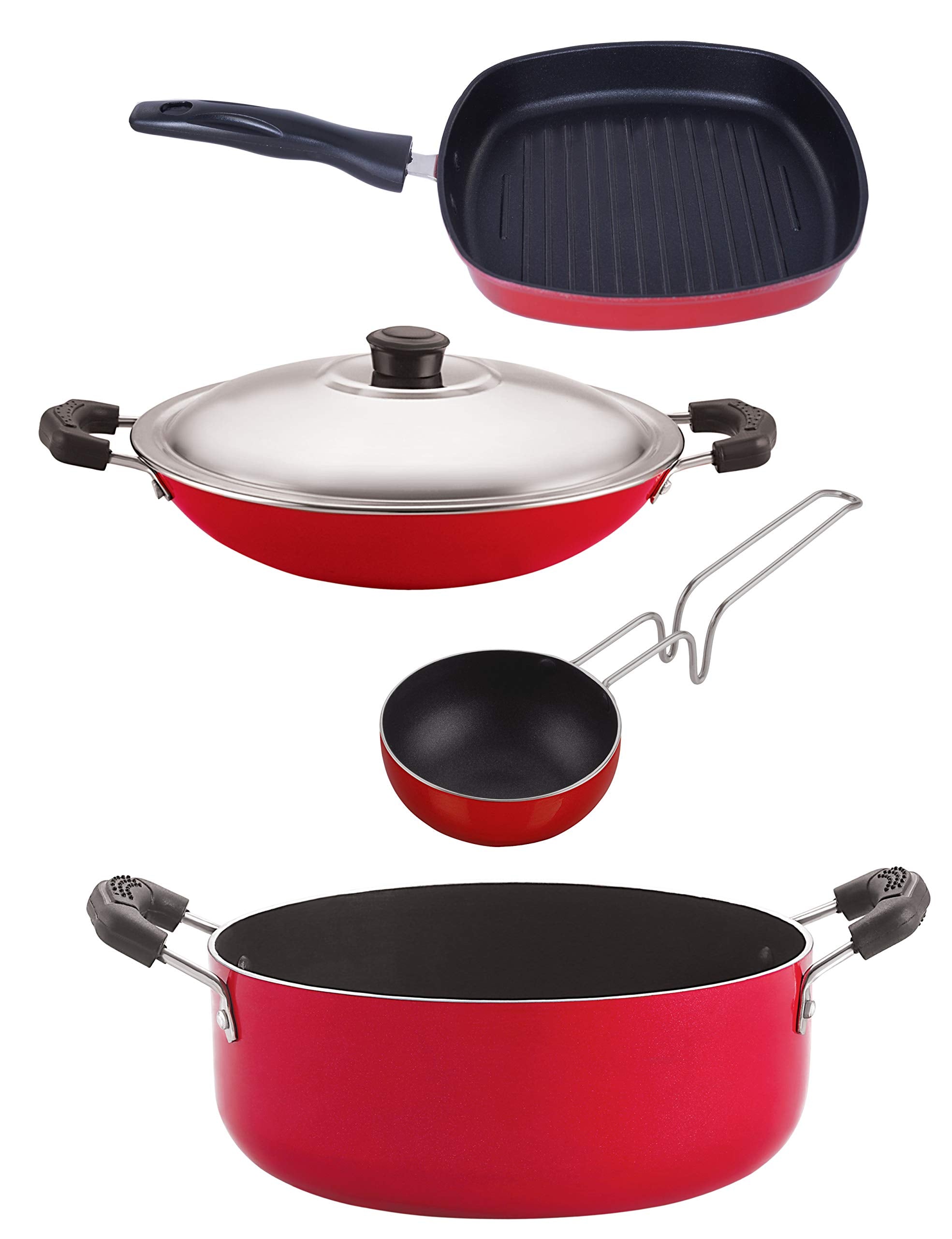 Nirlon NonStick Aluminium Cookware Set, 4Pieces, Red & Black (Ac_Vg_Gp24.5_Cs24)