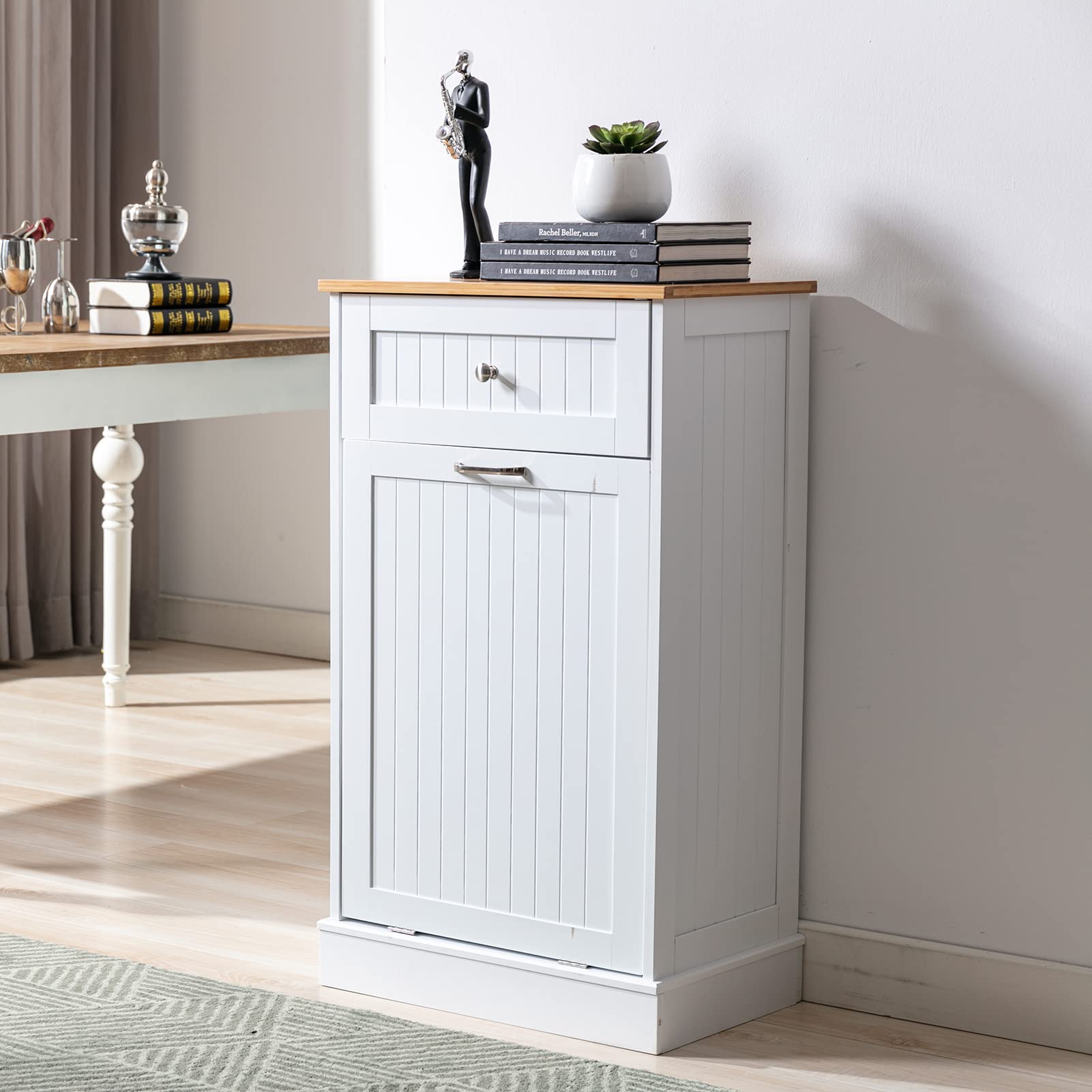Trash Cabinet Tilt Out Freestanding, Pet Proof Kitchen Trash Cabinet Laundry Hamper with Cutting Board, Wood Garbage Recycling S