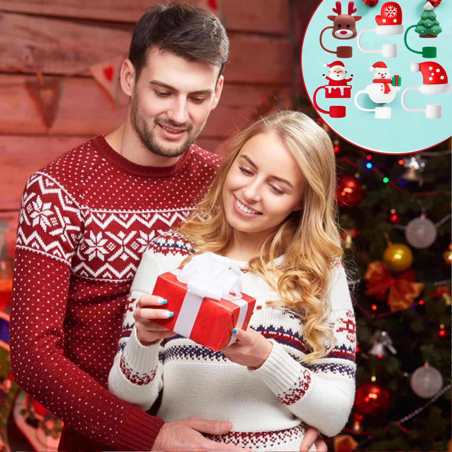 Haundry 6-Pack Christmas Straw Covers for Stanley Straws, 0.4 inch Stanley Straw Caps Compatible with 40 oz Stanley Tumbler with