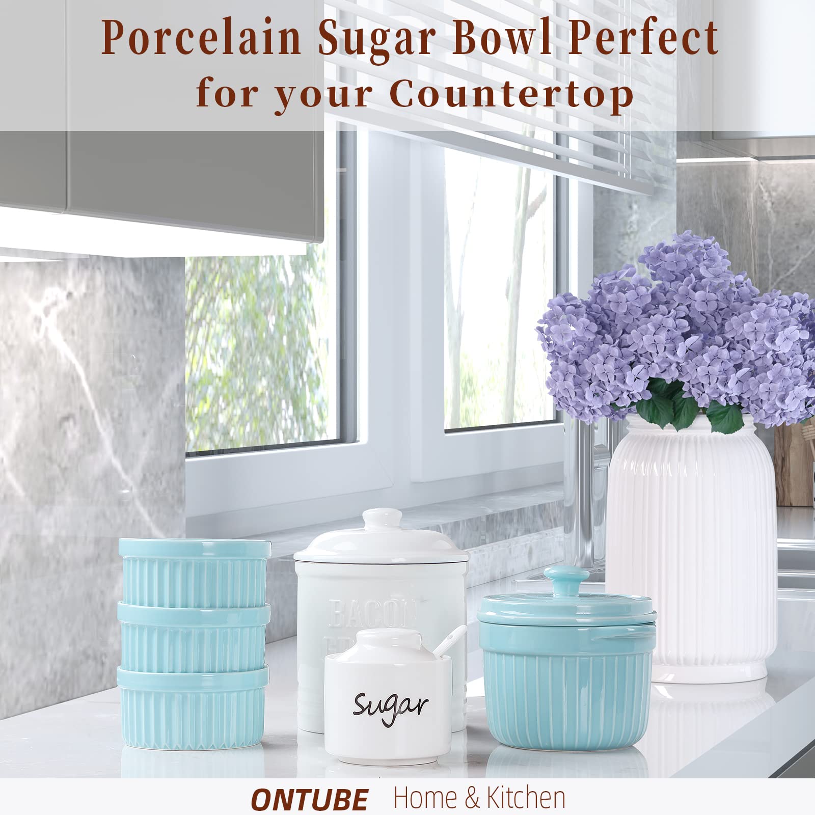 Ontube Ceramic Sugar Bowl With Lid And Spoon,Porcelain Sugar Pot,8Oz (White)