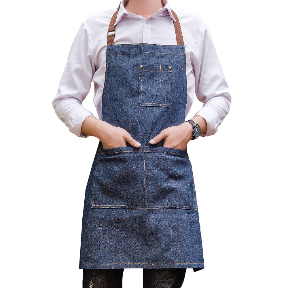 Yiswear Unisex Adjustable Multi-Pocket Denim Apron,For Chef, Kitchen, Bbq And Studio