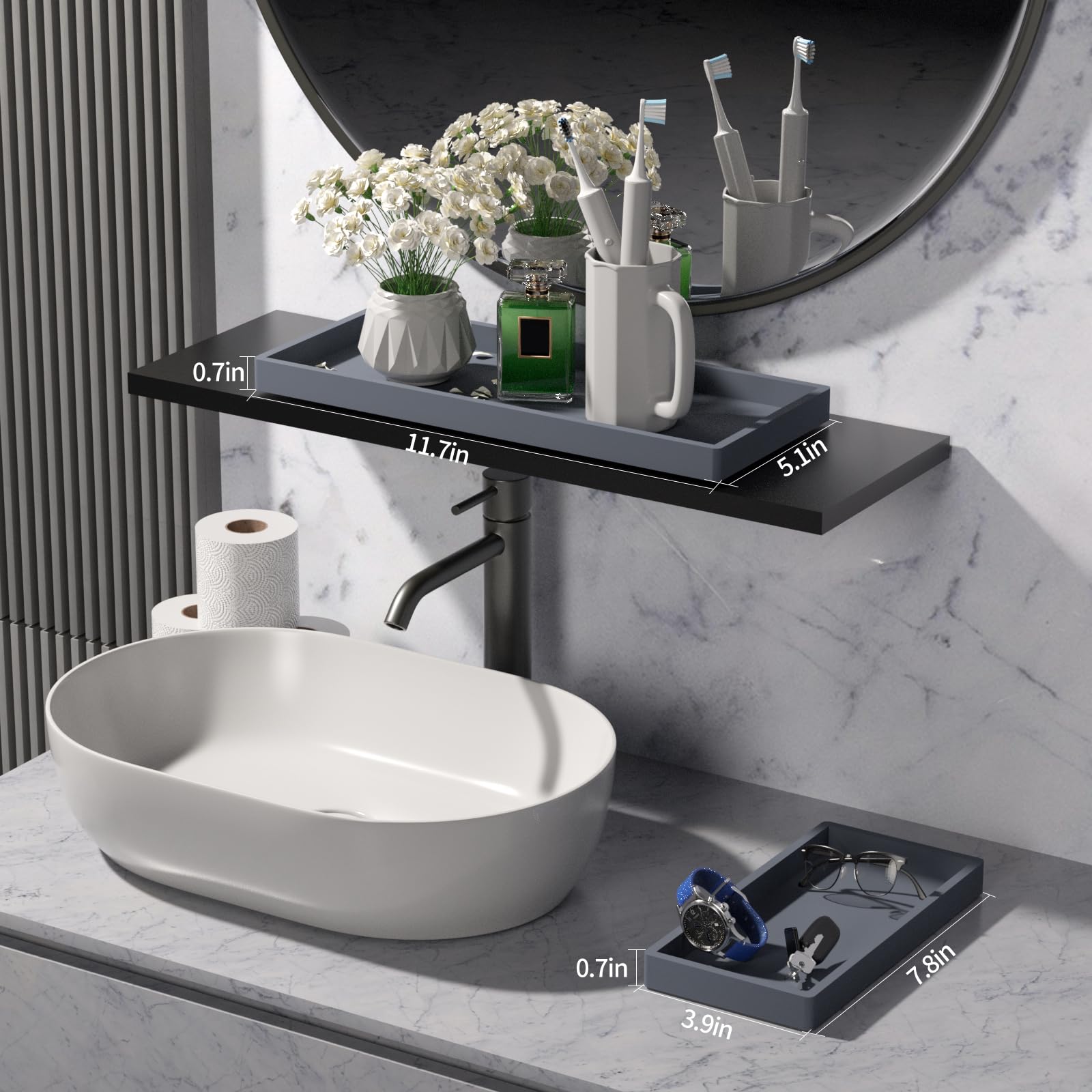 Bbk Bathroom Vanity Tray- 2 Pack (7.8'' And 11.8'') Silicone Bathroom Tray For Counter, Perfume Key Trinket Ring Tray, Decor Soa