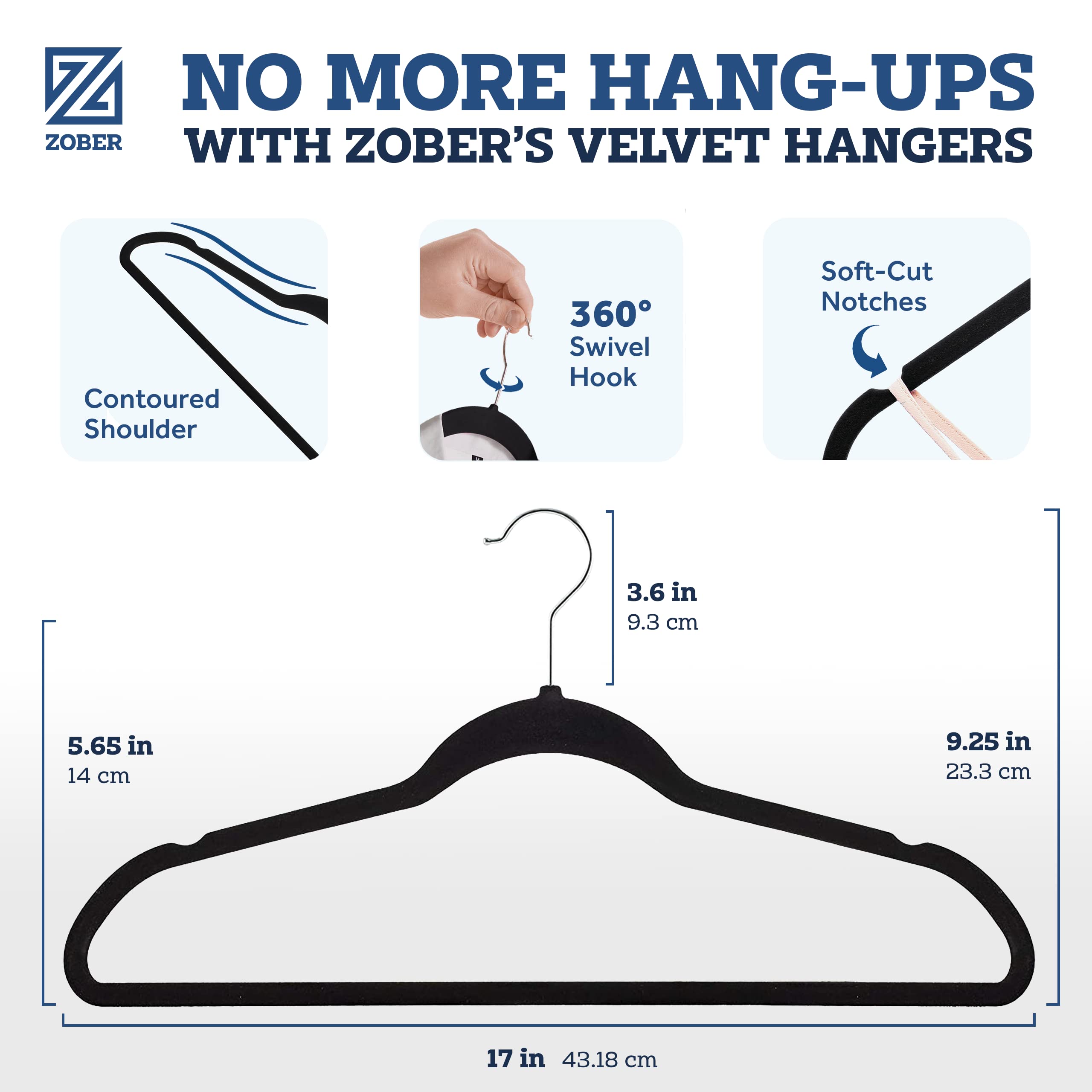 Zober Velvet Hangers 50 Pack - Heavy Duty Black Hangers For Coats, Pants & Dress Clothes - Non Slip Clothes Hanger Set - Space S