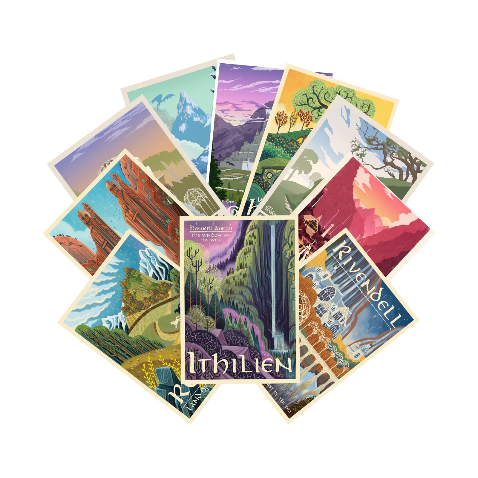 Liaumo 12Pcs Travel Middle Earth Landscape Posters, Nordic Painting Wall Art Collage Kit, Home Bar Office Decal,Birthday Holiday