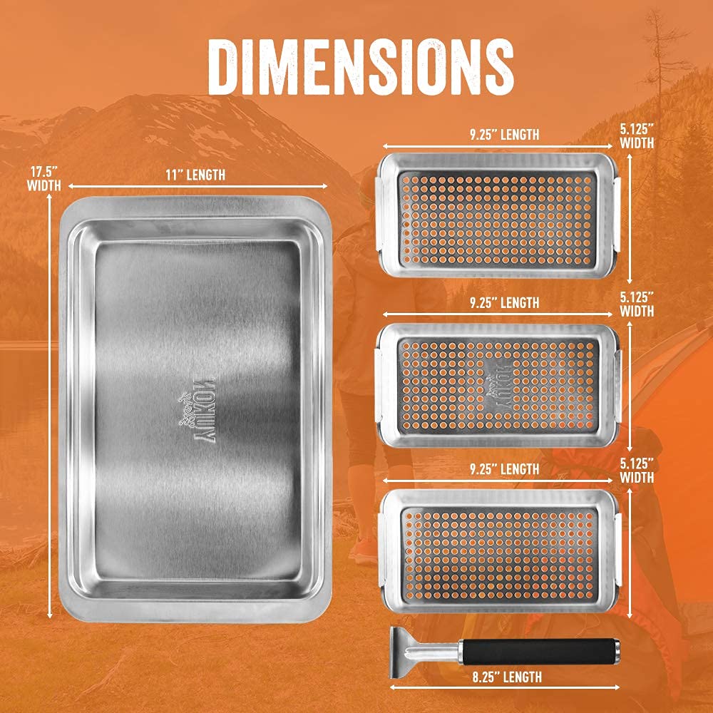 Yukon Glory BBQ 'N SERVE Grill Basket Set - Includes 3 Grilling Baskets a Serving Tray & Clip-on Handle - ''Patented Grill-to-Table Design'' Perfect For Grilling Fish Veggies & Meats