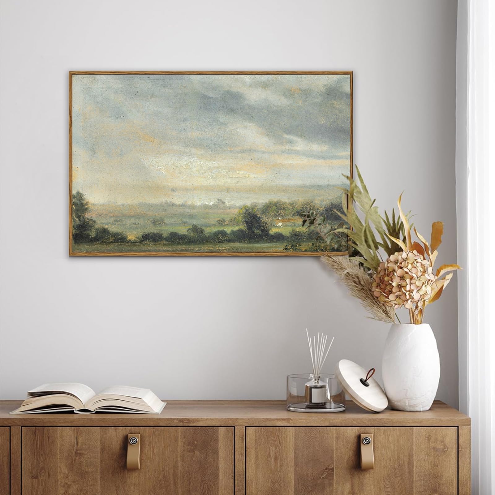 Kbkbart Framed Vintage Landscape Wall Art Prints, Retro Green Forest Valley Nature Wilderness Illustrations Canvas Painting, Far