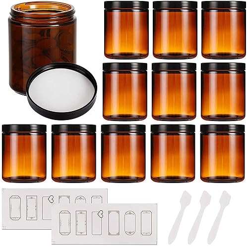 12 Pack 8 oz Amber Glass Jars with Lids  Round Empty Containers for Scrubs  Lotions  Cosmetic  Ointments and Butters  Travel Storage Jar with White Inner Liners  Black Lids  lables and Spatulas