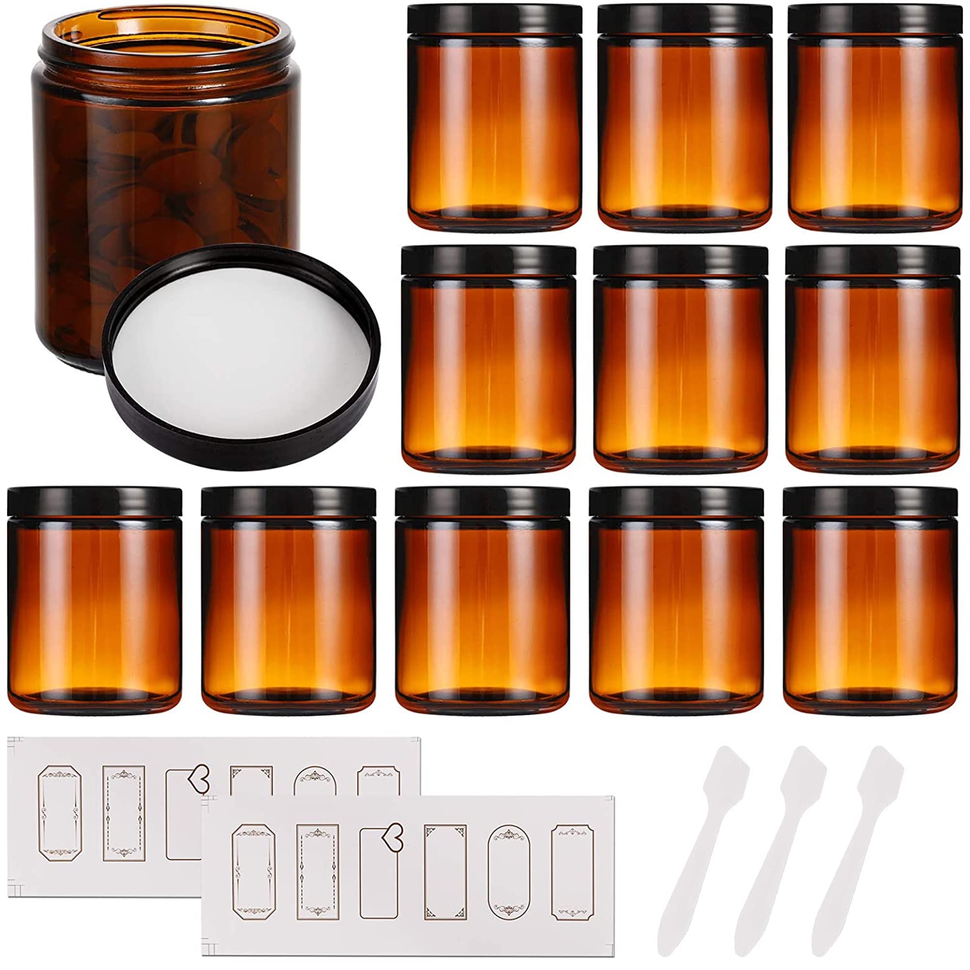 12 Pack 8 Oz Amber Glass Jars With Lids, Round Empty Containers For Scrubs, Lotions, Cosmetic, Ointments And Butters, Travel Sto