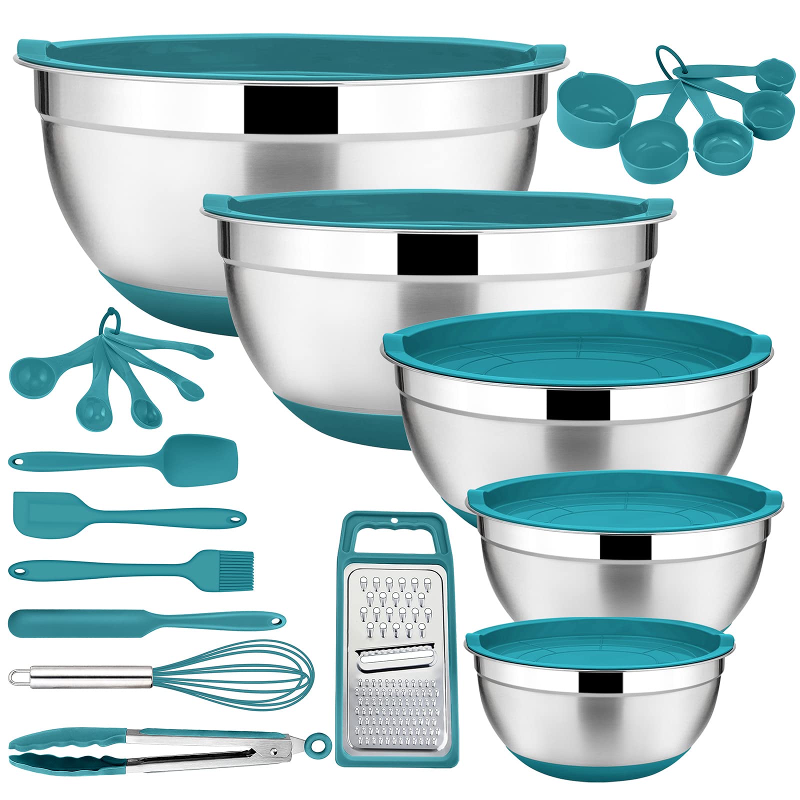22-Piece Mixing Bowls With Teal Blue Lids & Accessories Set, E-Far Stainless Steel Nesting Bowls With Covers & Non-Slip Bottoms,