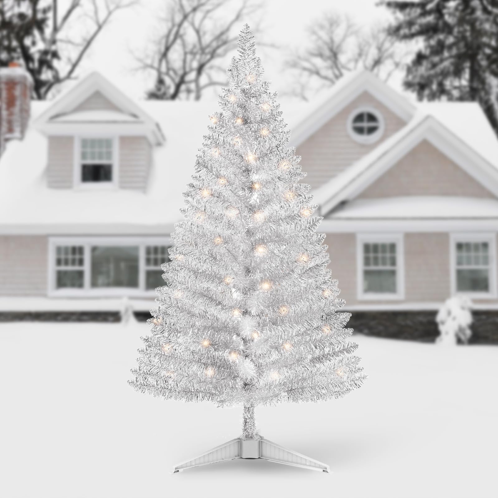 Santanelo 4ft Lighted Silver Artificial Christmas Tree with Lights,Snowy Artificial Xmas Tree, Not Pre-lit Small Xmas Pine Tree