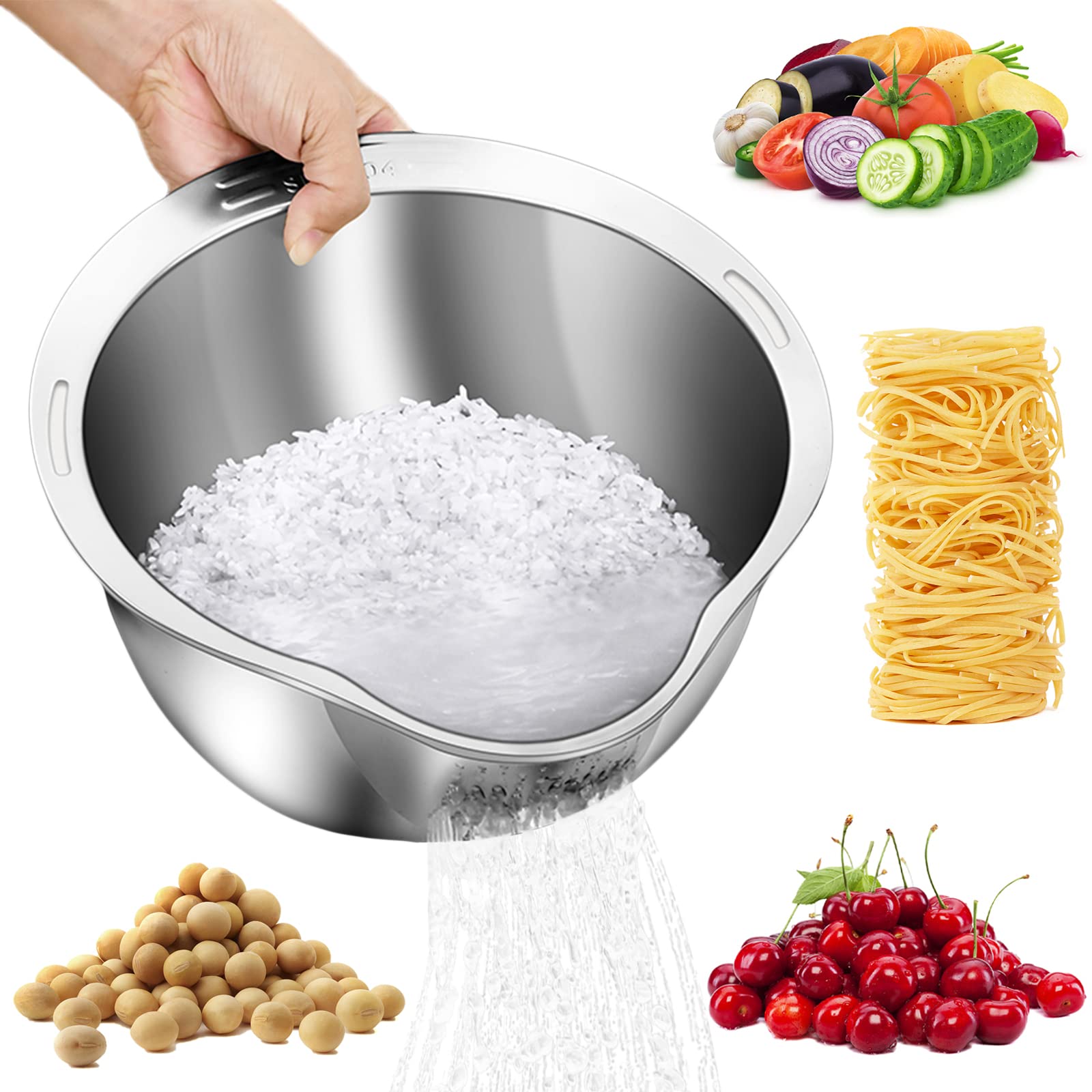 Rice Washer Strainer Bowl - 4-In-1 Washing Bowl For Quinoa, Stainless Steel Rinser With Side Drainers Small Colander For Cleanin