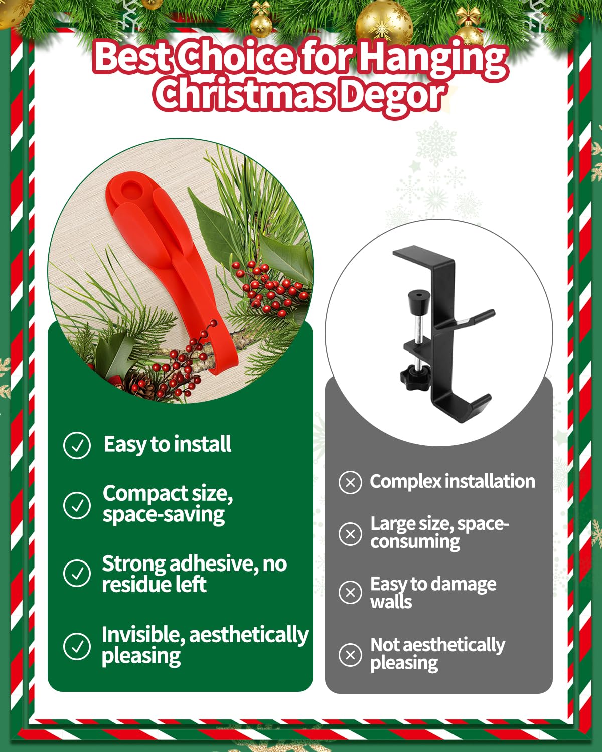 6 PCS Christmas Garland Hangers for Mantle, Fireplace Stocking and Garland Hanger, Stretchable and Reusable Silicone Adhesive Ta