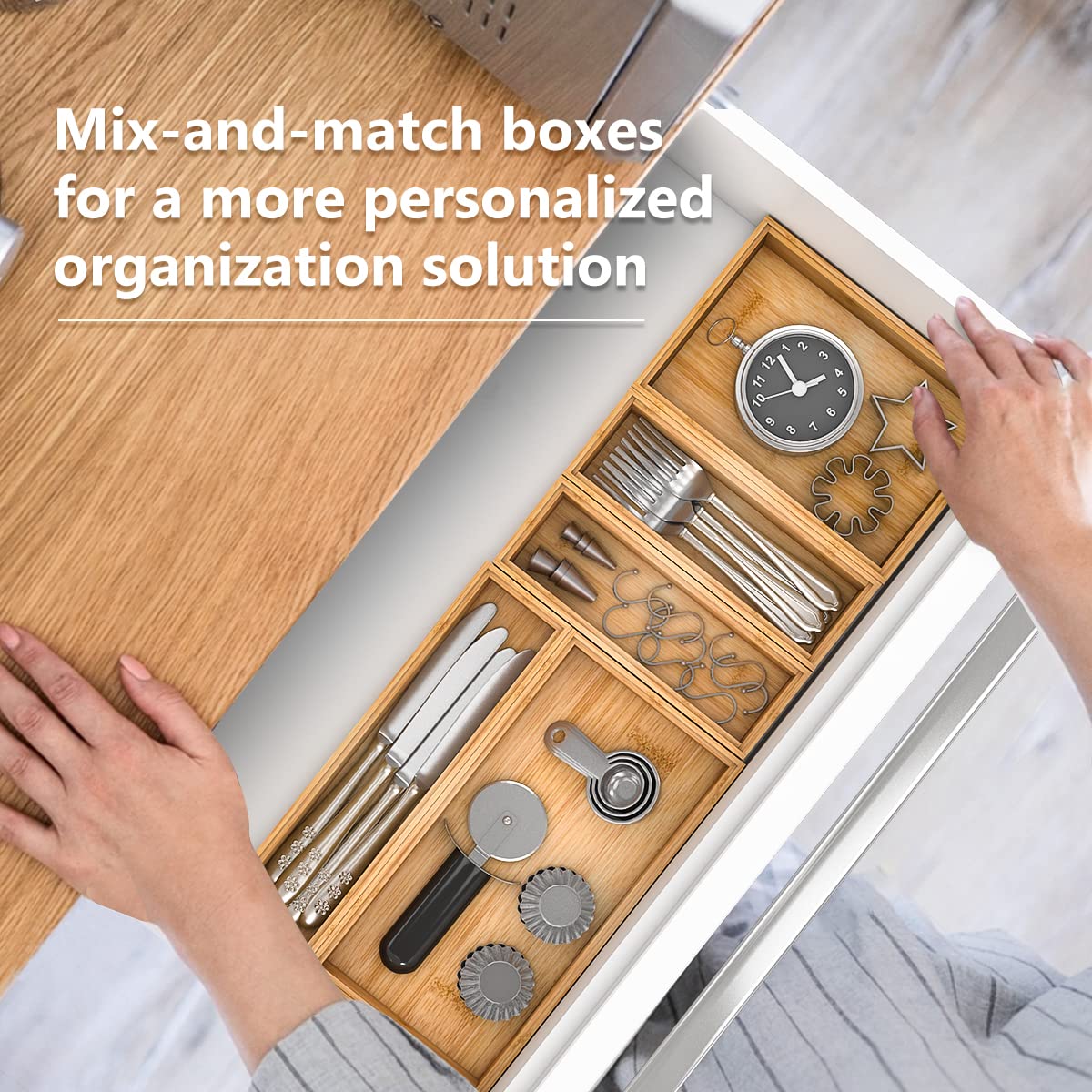 Bambloom Bamboo Kitchen Drawer Organizer, Stackable Silverware Tray Utensil Organizer Cutlery Holder For Kitchen Drawers, Wooden