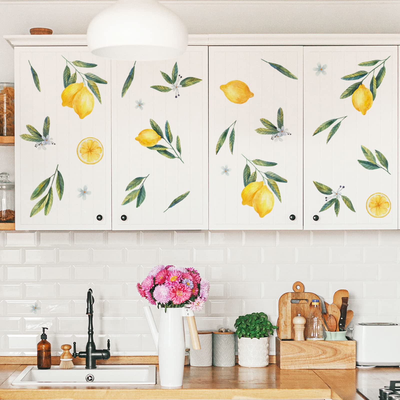 Maydahui Lemon Wall Decals Lemonade Green Leaves And Flowers Wall Stickers (41X41 Inch) Peel Stick Removable Summer Fruits Art M