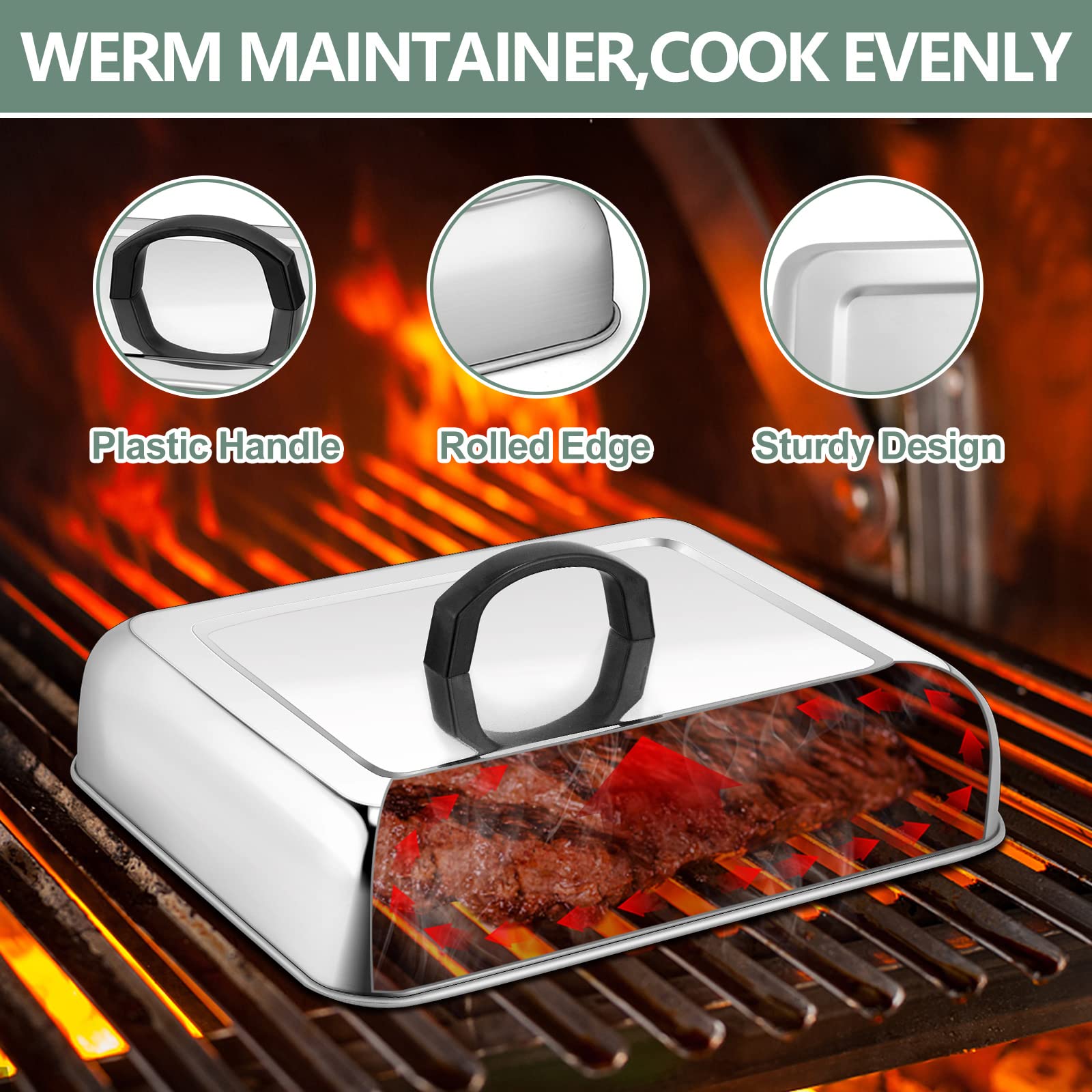 2Pack Melting Dome For Griddle, Leonyo 13'' & 9'' Rectangular Griddle Basting Cover With Adjustable Vent, Stainless Steel Burger