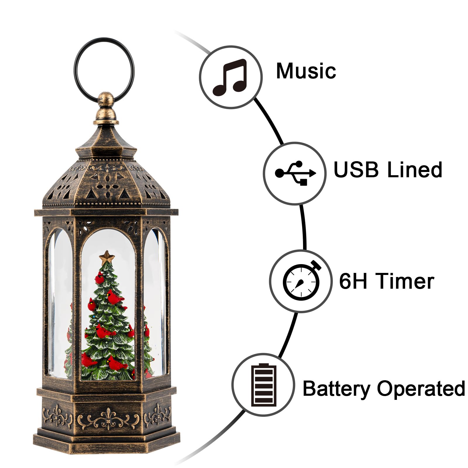 Lighted Christmas Tree Cardinal Music Snow Globe Water Lantern with Swirling Glitter Decoration for Christmas Home, Living Room,
