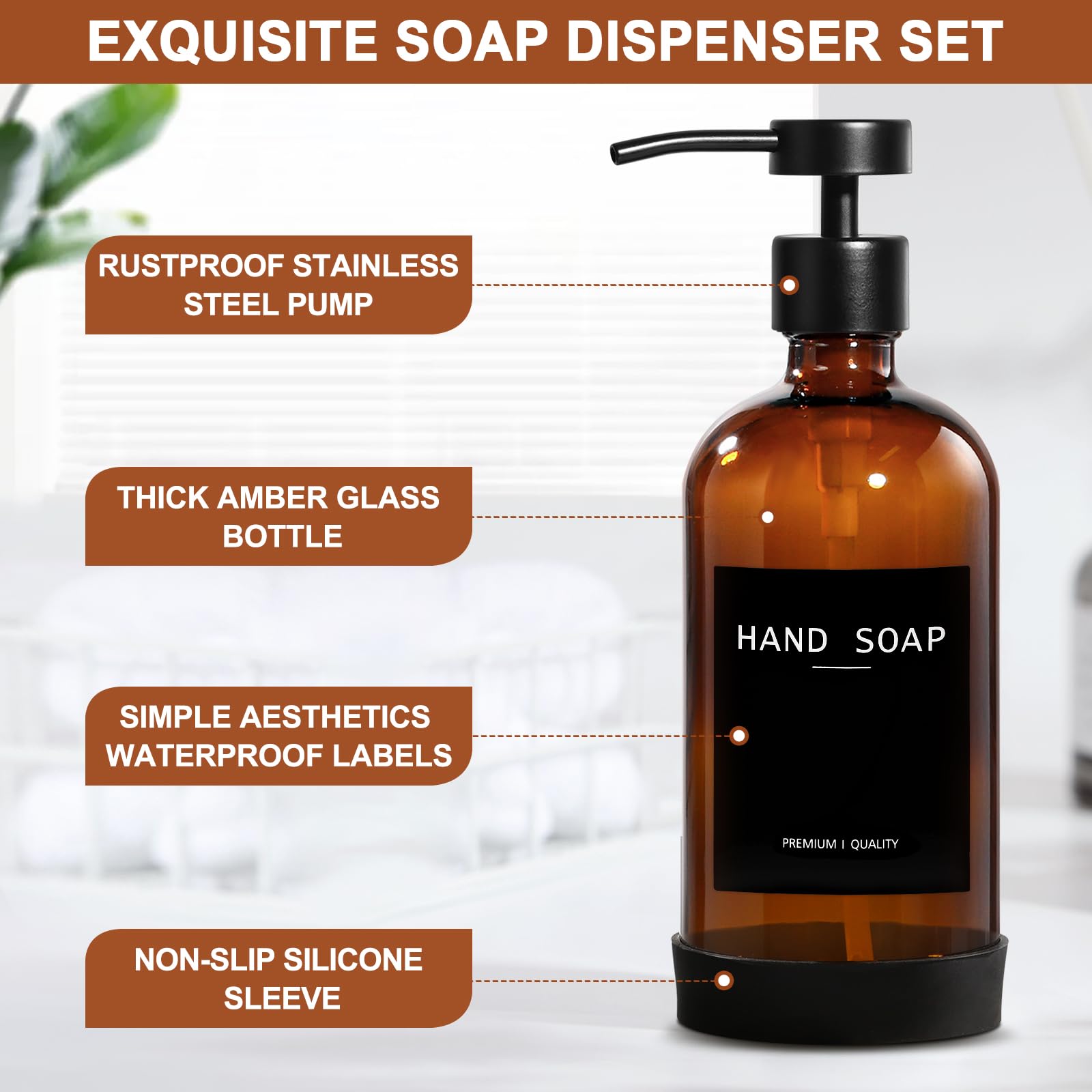 Rytoxilo Amber Glass Soap Dispenser 2 Pack, Bathroom Hand Soap Dispenser With Stainless Steel Pump, 16 Oz Kitchen Hand And Dish