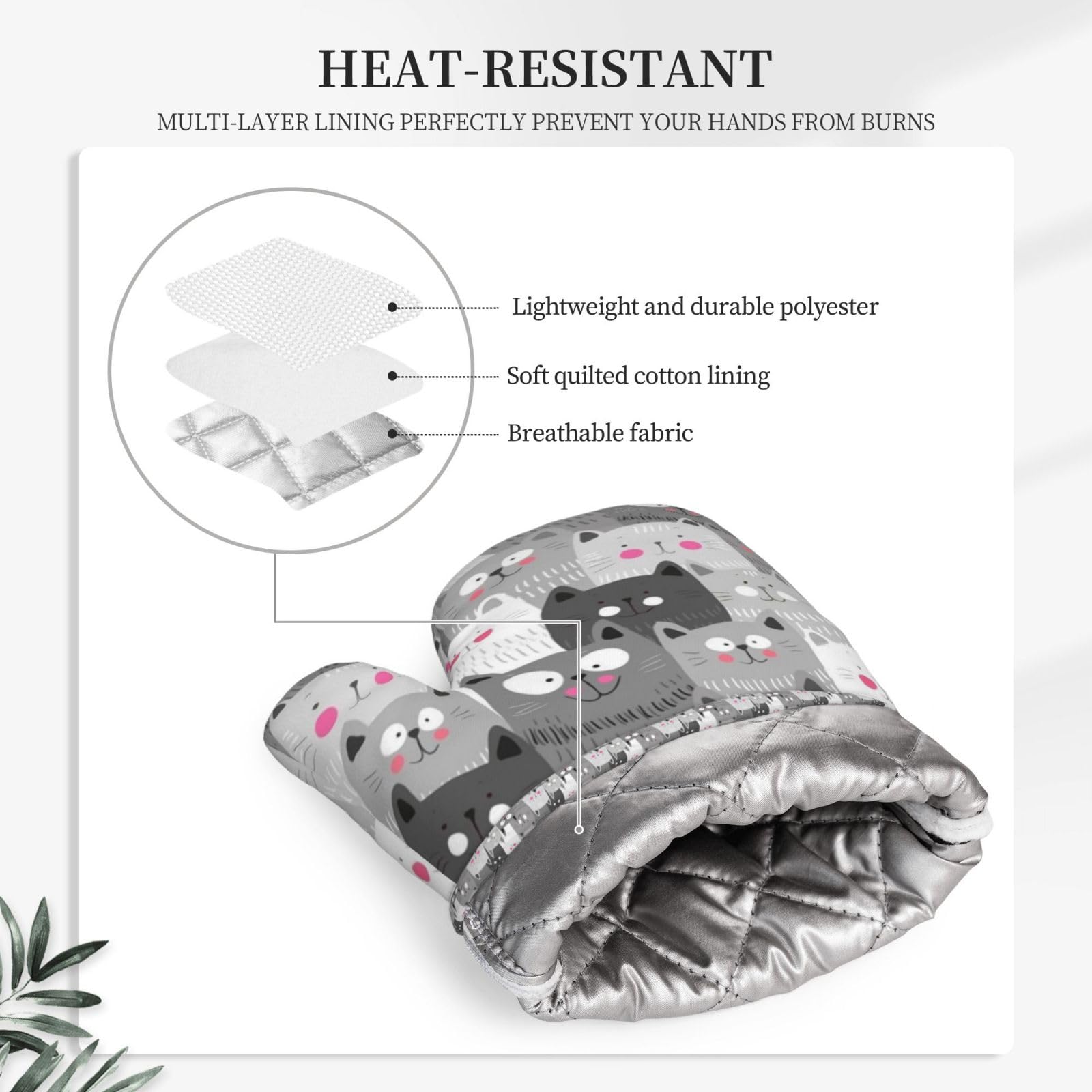 Ouqiuwa Hipster Cartoon Cute Cat Kitten Gray Oven Mitt/Glove For Easy Gripping Set Of 2 Kitchen Accessories