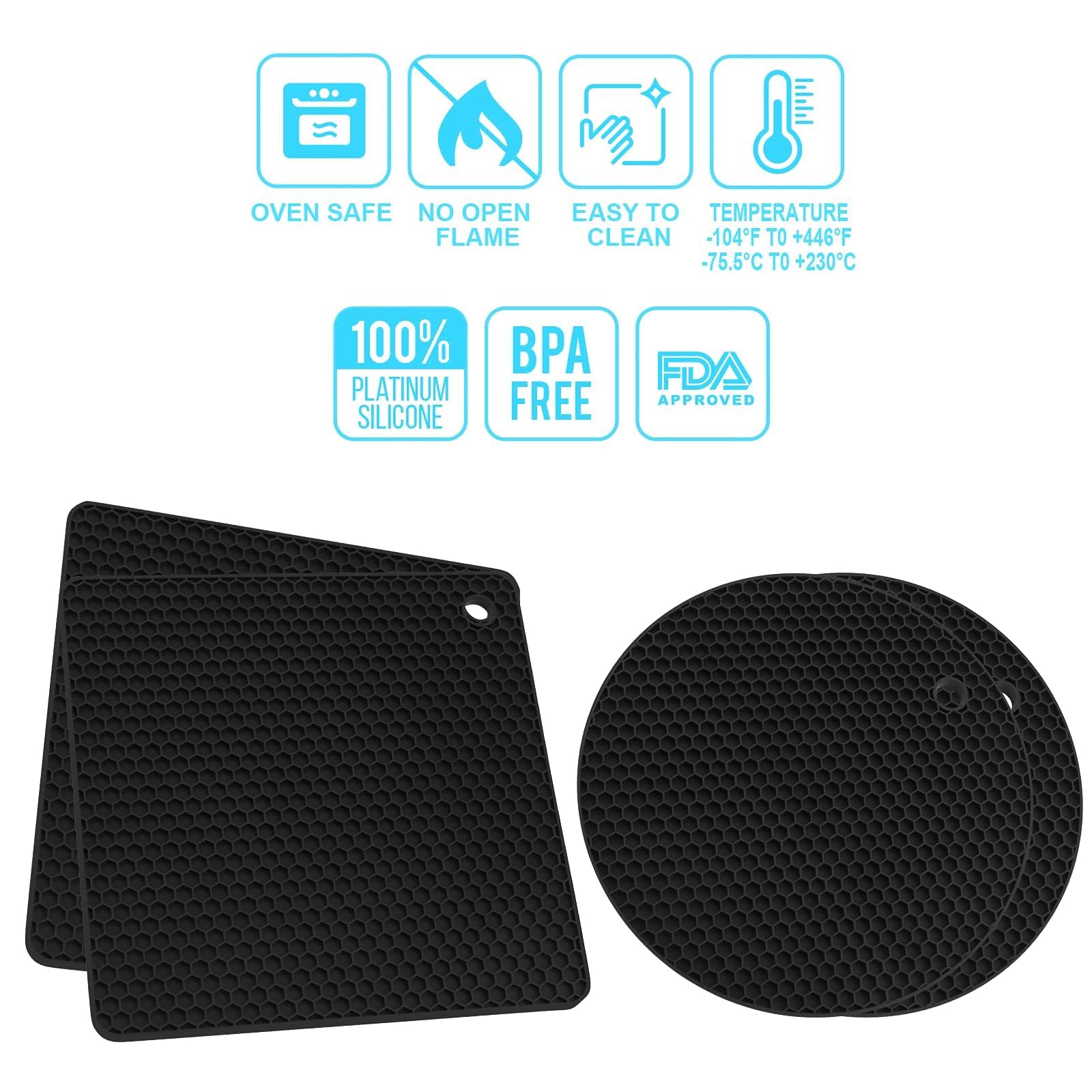 4Pcs Silicone Trivet Mats, Hot Pads For Kitchen, Silicone Trivet, Black Silicone Trivet Mats, Silicone Pot Holders, Silicone Mat