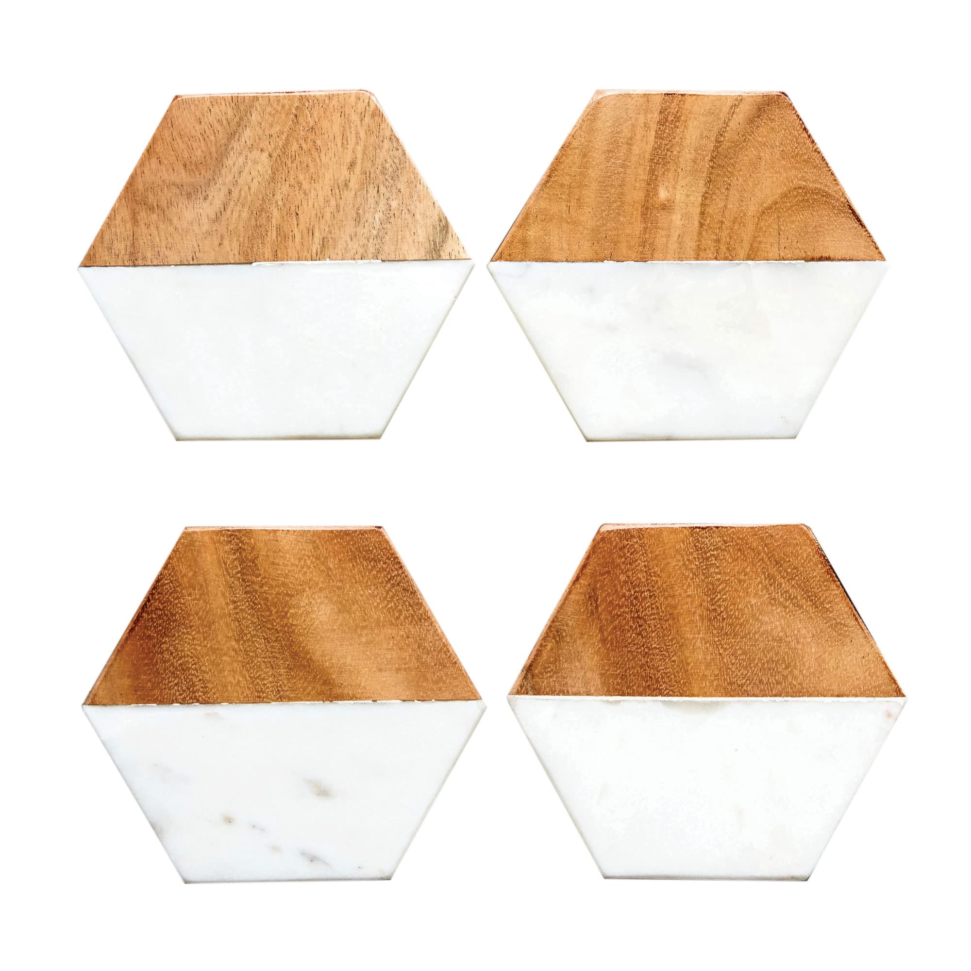 Creative Co-Op Marble And Natural Mango Wood Coasters (Set Of 4), Hexagon, Multicolored