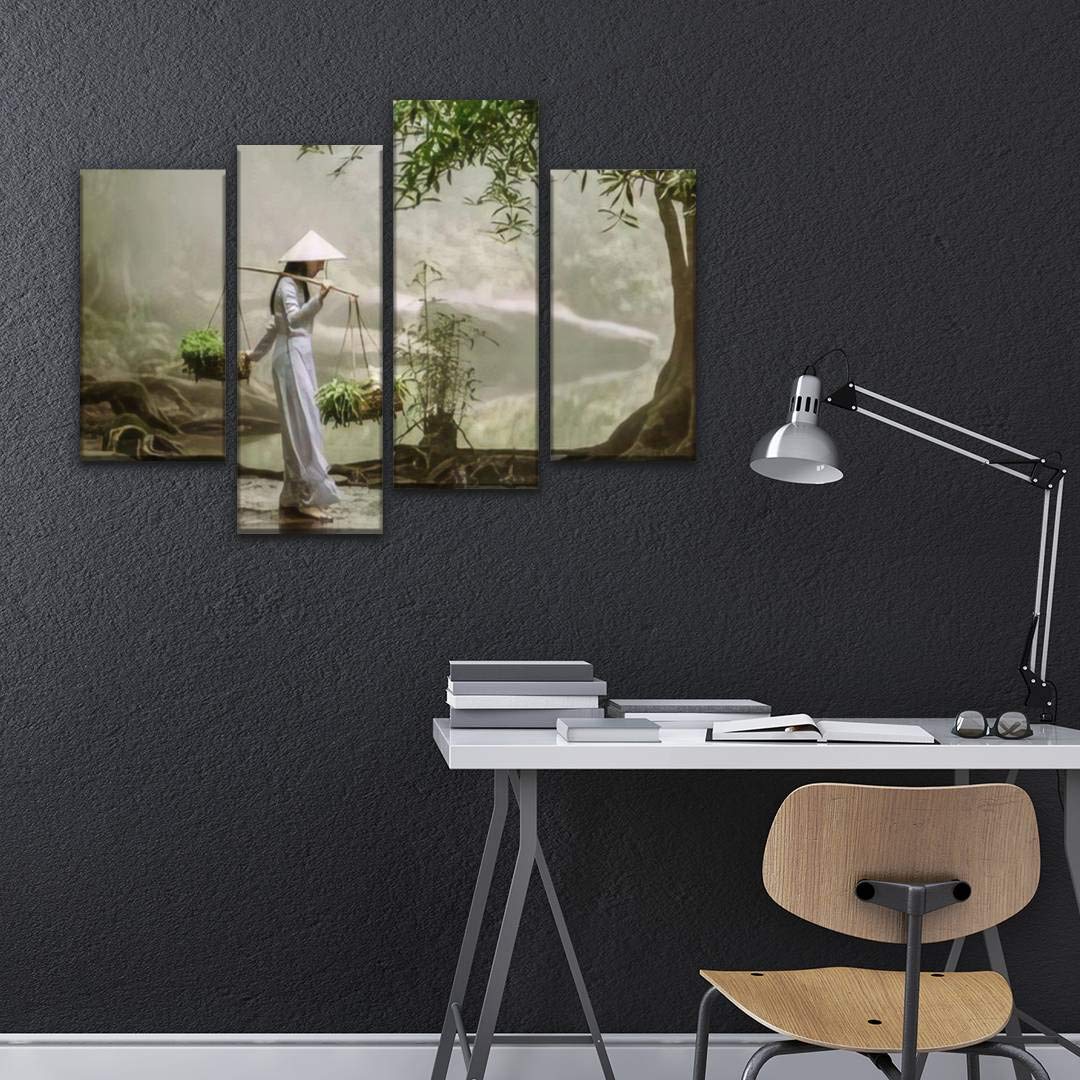 Igoone 4 Panels Canvas Paintings - The Vietnamese Girl In The Traditional Dress Is Carrying A Basket With - Wall Art Modern Post